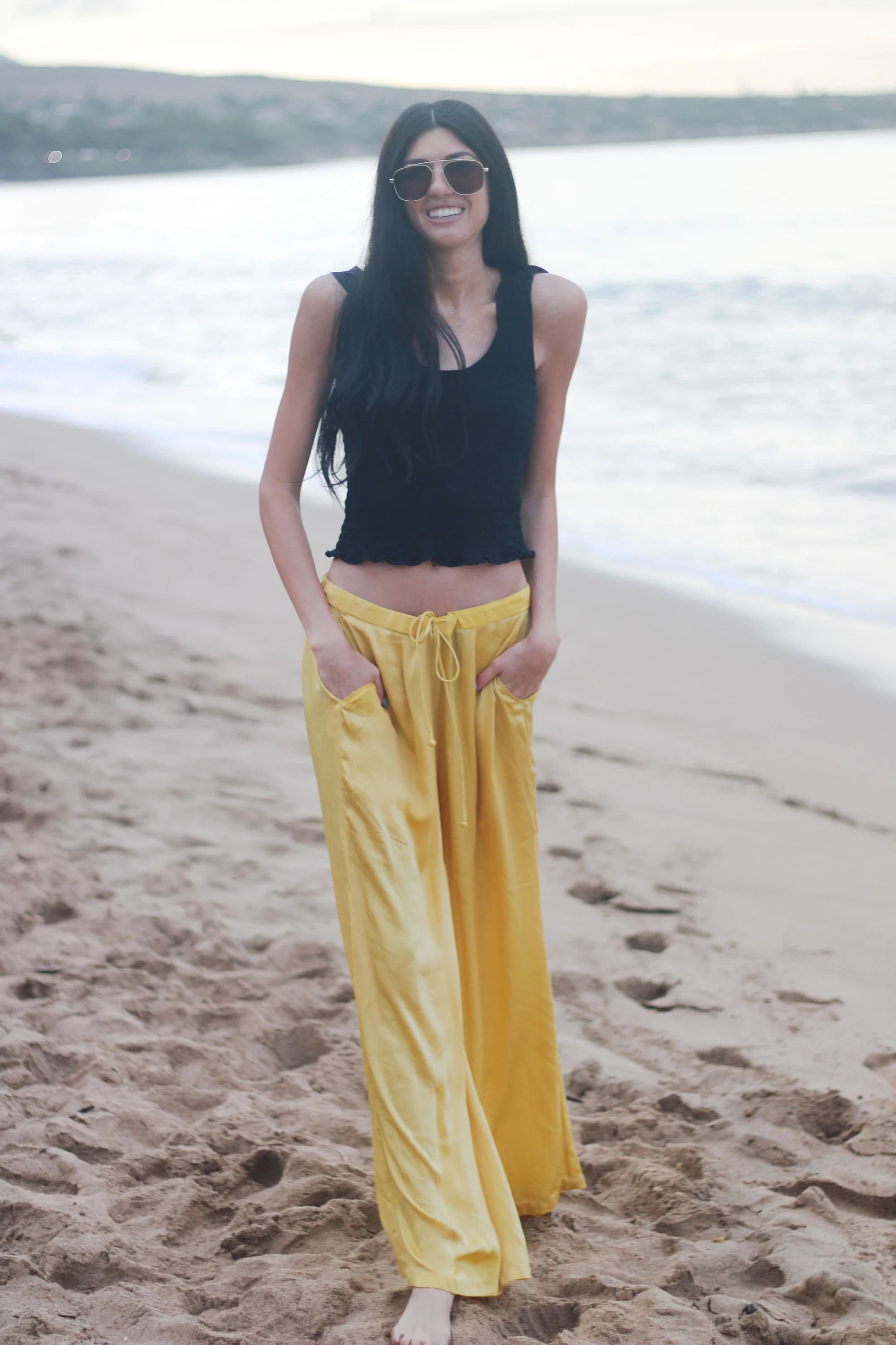 Yellow Silk Palazzo Pants, Bohemian Wide Leg Trousers - image 3