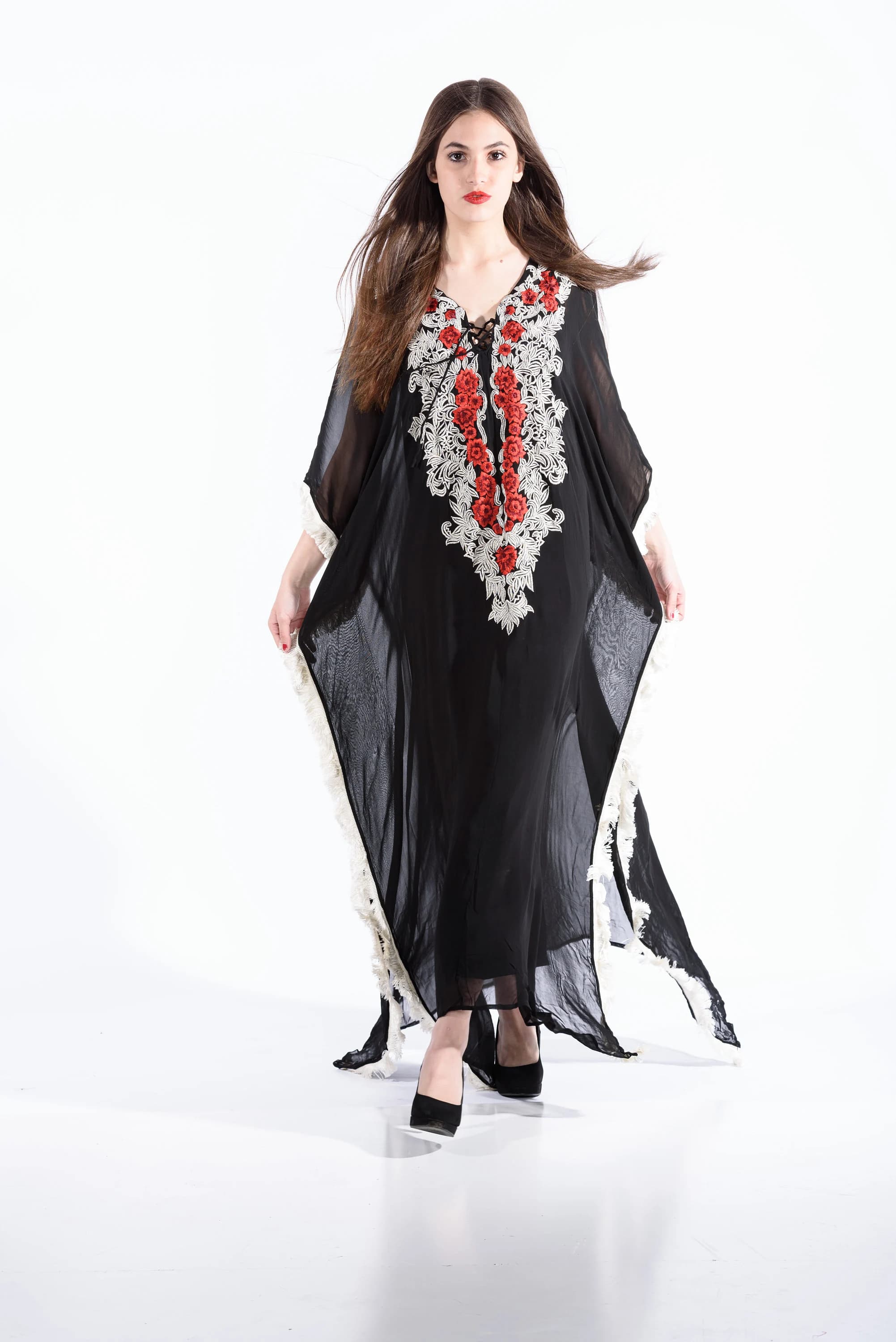 Embroidered Black Viscose Kaftan Dress, Plus Size Maxi