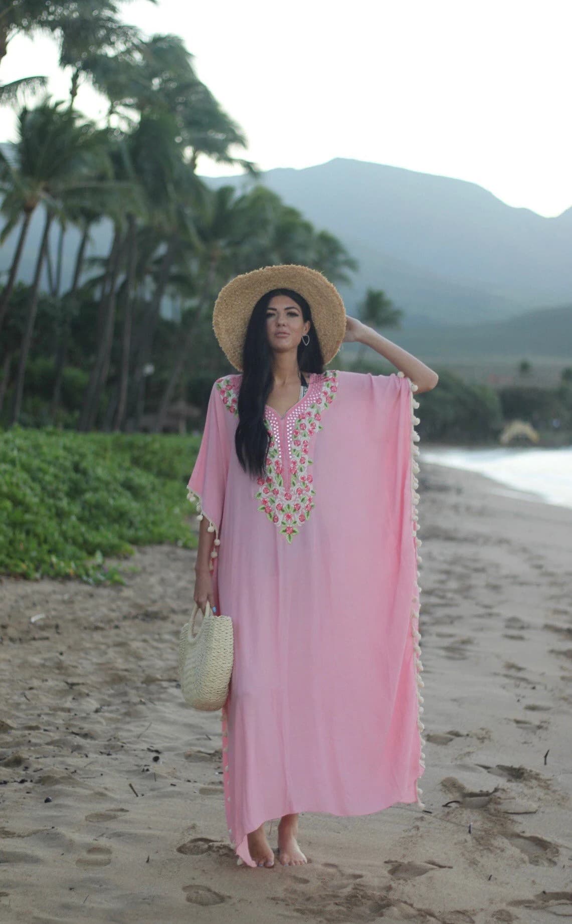 Pink Sequin Kaftan Dress, Floral Embroidered Maxi Abaya, Plus Size - image 3
