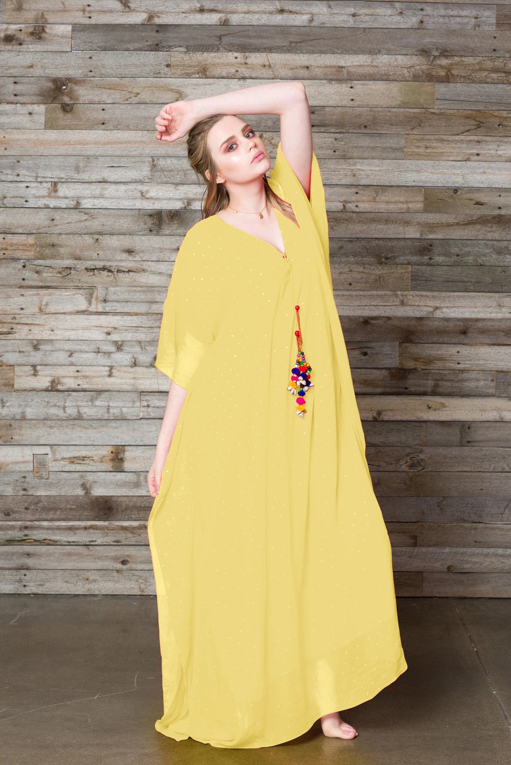 Yellow Viscose Georgette Kaftan, Rhinestone Maxi Dress, Plus Size