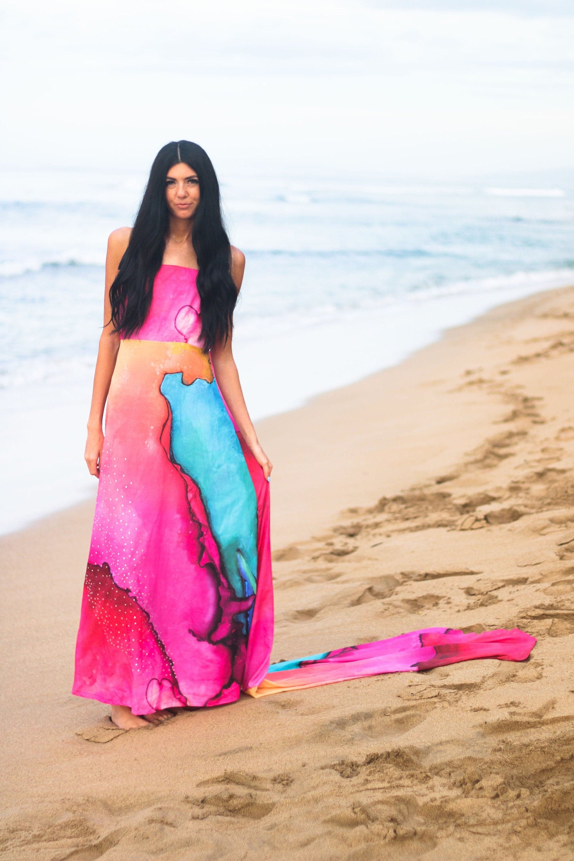 Abstract Silk Satin Dress, Watercolor Beach Kaftan