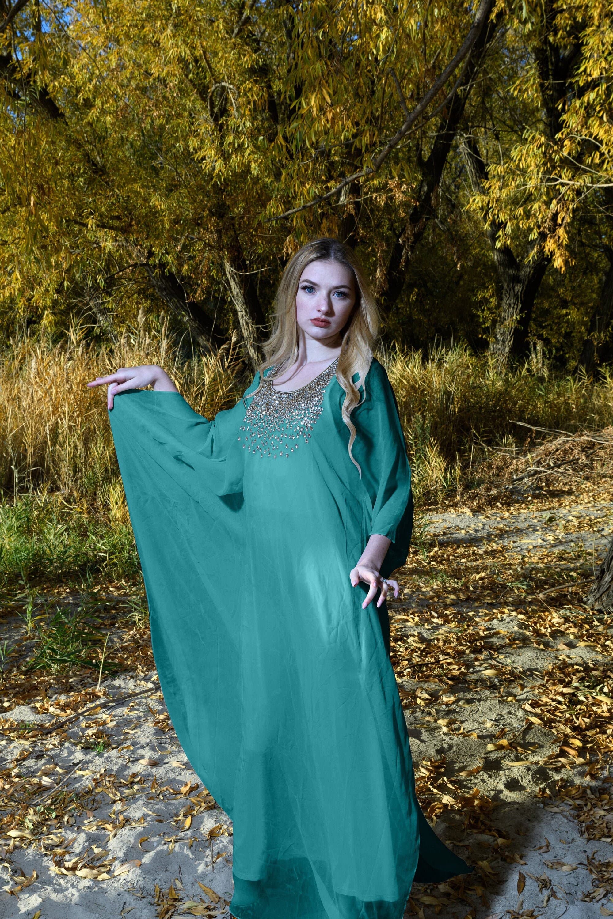 Teal Kaftan Maxi Dress, Plus Size Moroccan Clothing, Embroidered Crystal