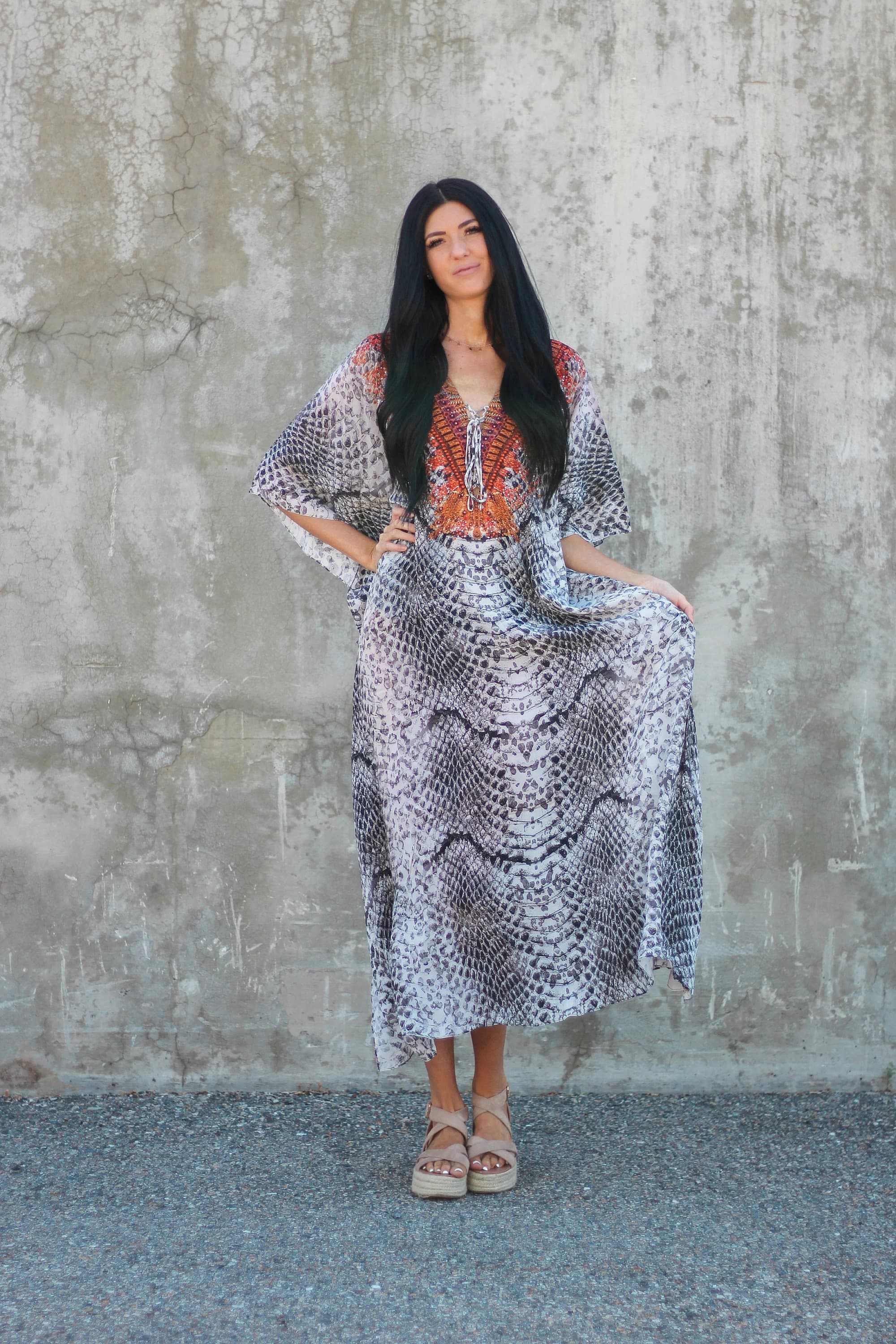 Plus Size Silk Snakeskin Print Kaftan, Beaded V Neck - image 5