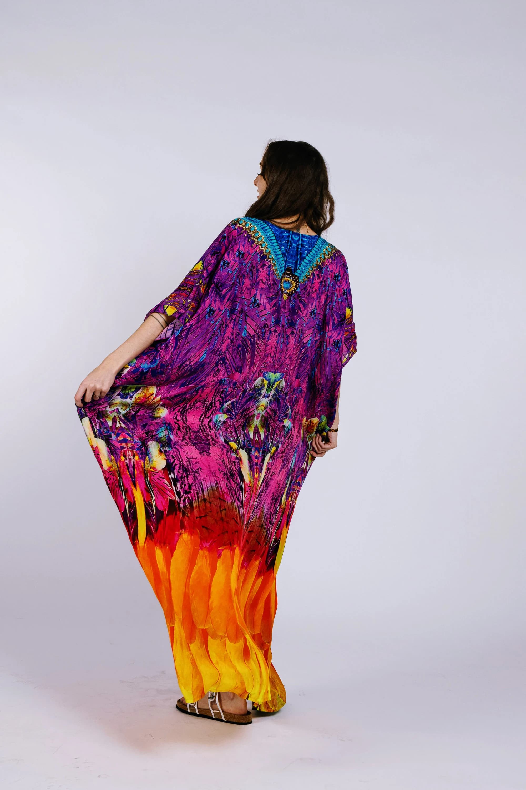 Silk Crepe Rainbow Kaftan, Beaded V Neck Maxi Dress - image 5