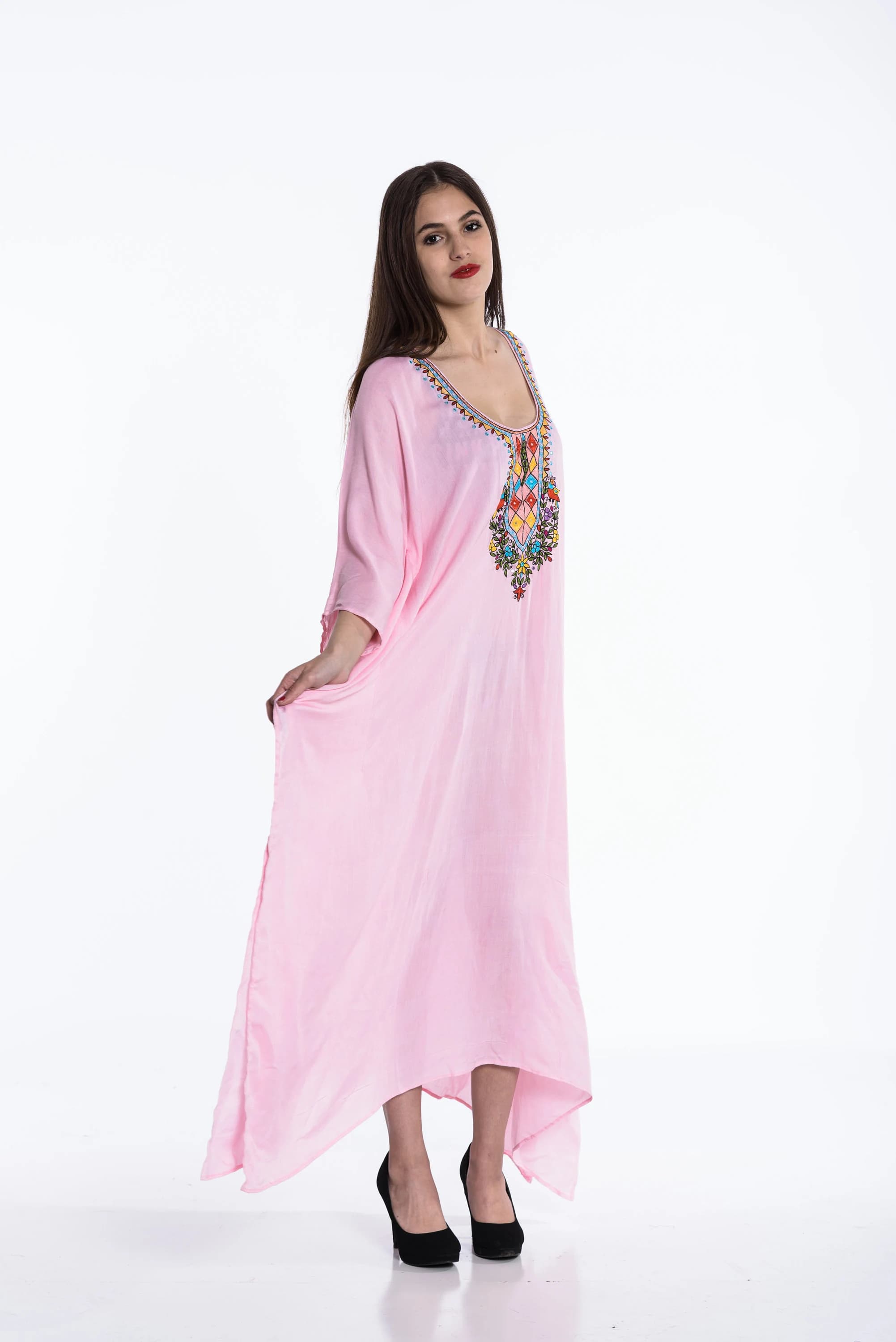 Embroidered Cotton Kaftan, Pink Boho Abaya Dress, Plus Size - image 5