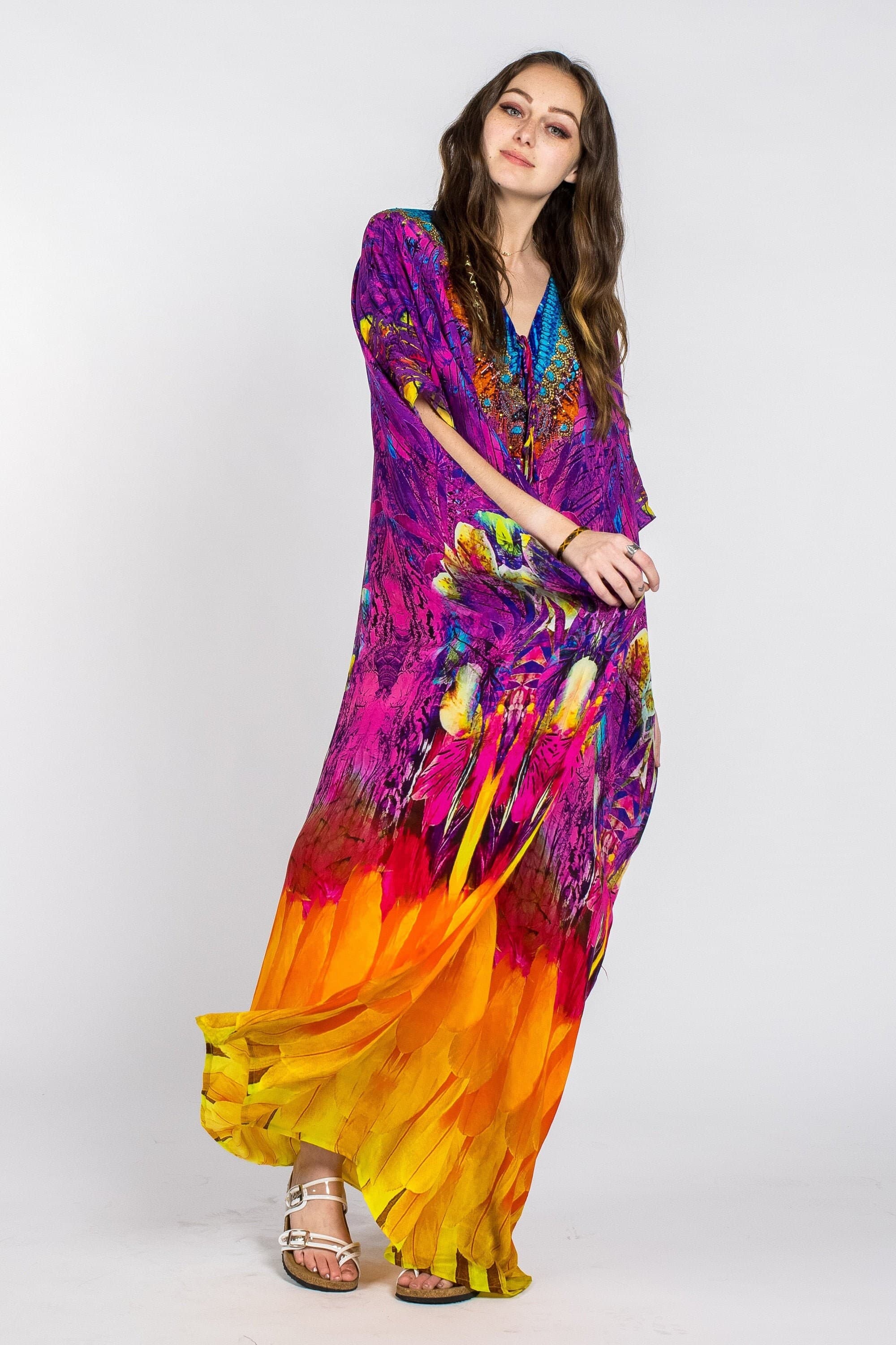 Silk Crepe Rainbow Kaftan, Beaded V Neck Maxi Dress - image 3