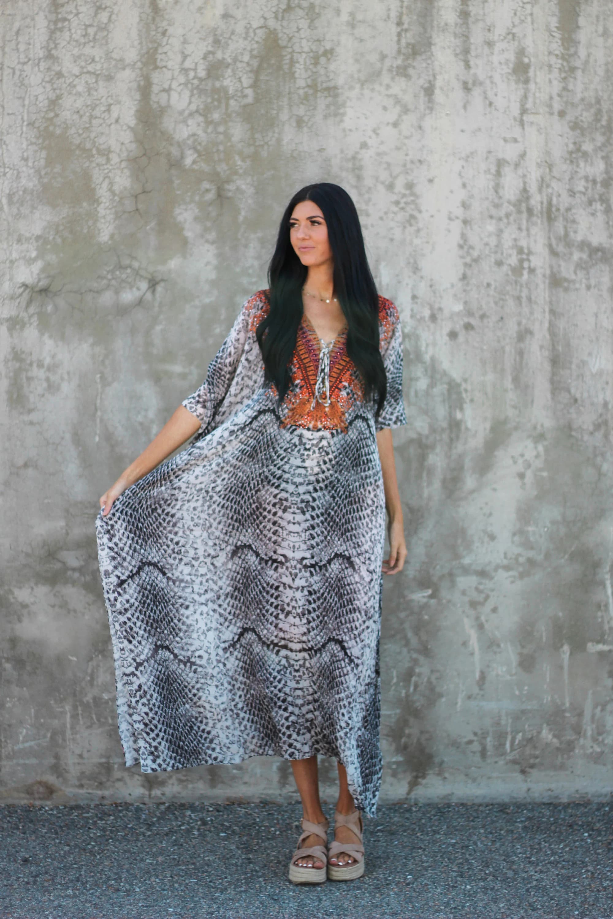 Plus Size Silk Snakeskin Print Kaftan, Beaded V Neck - image 4
