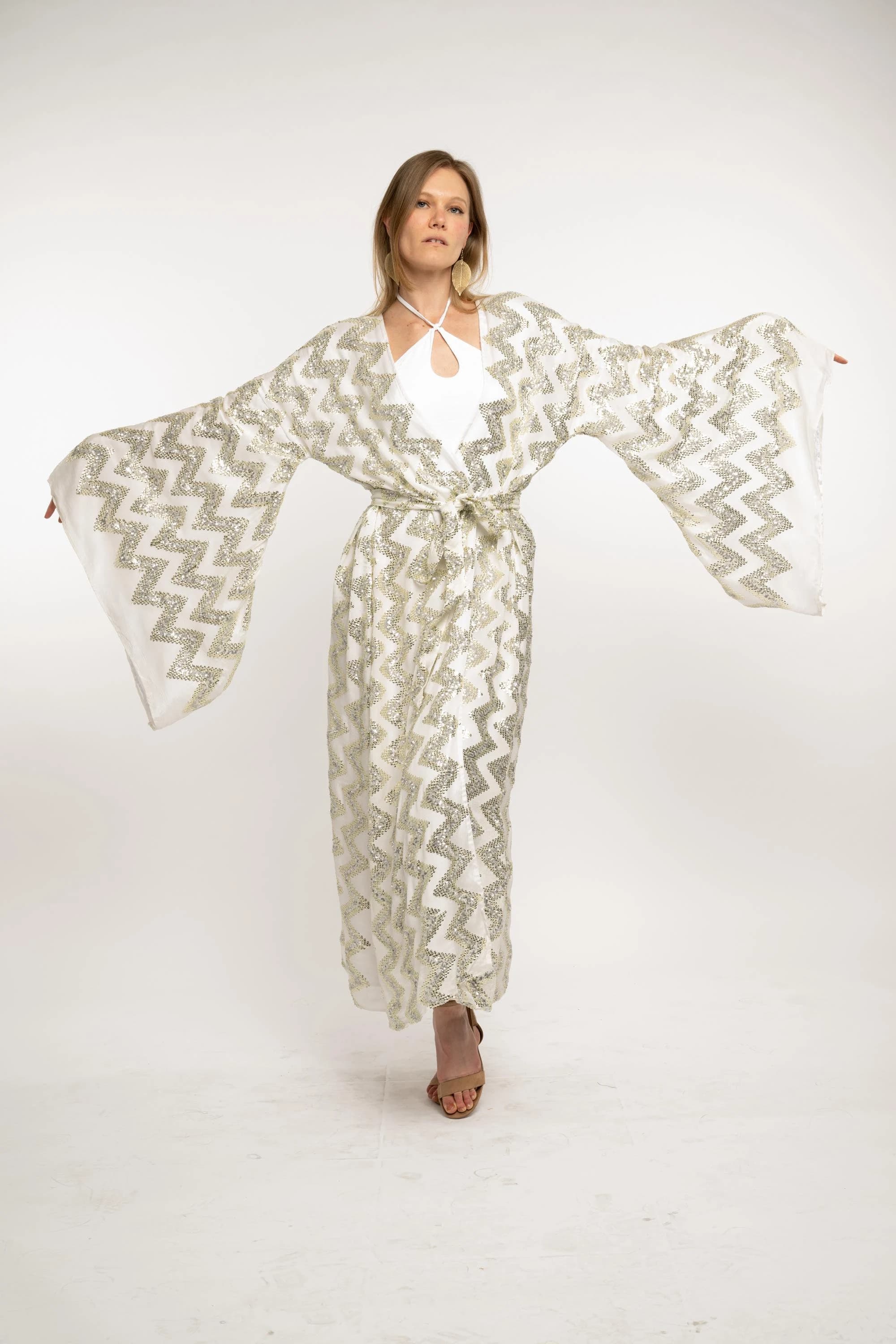 Silver Sequin Kimono Dress, Holiday Party Gown