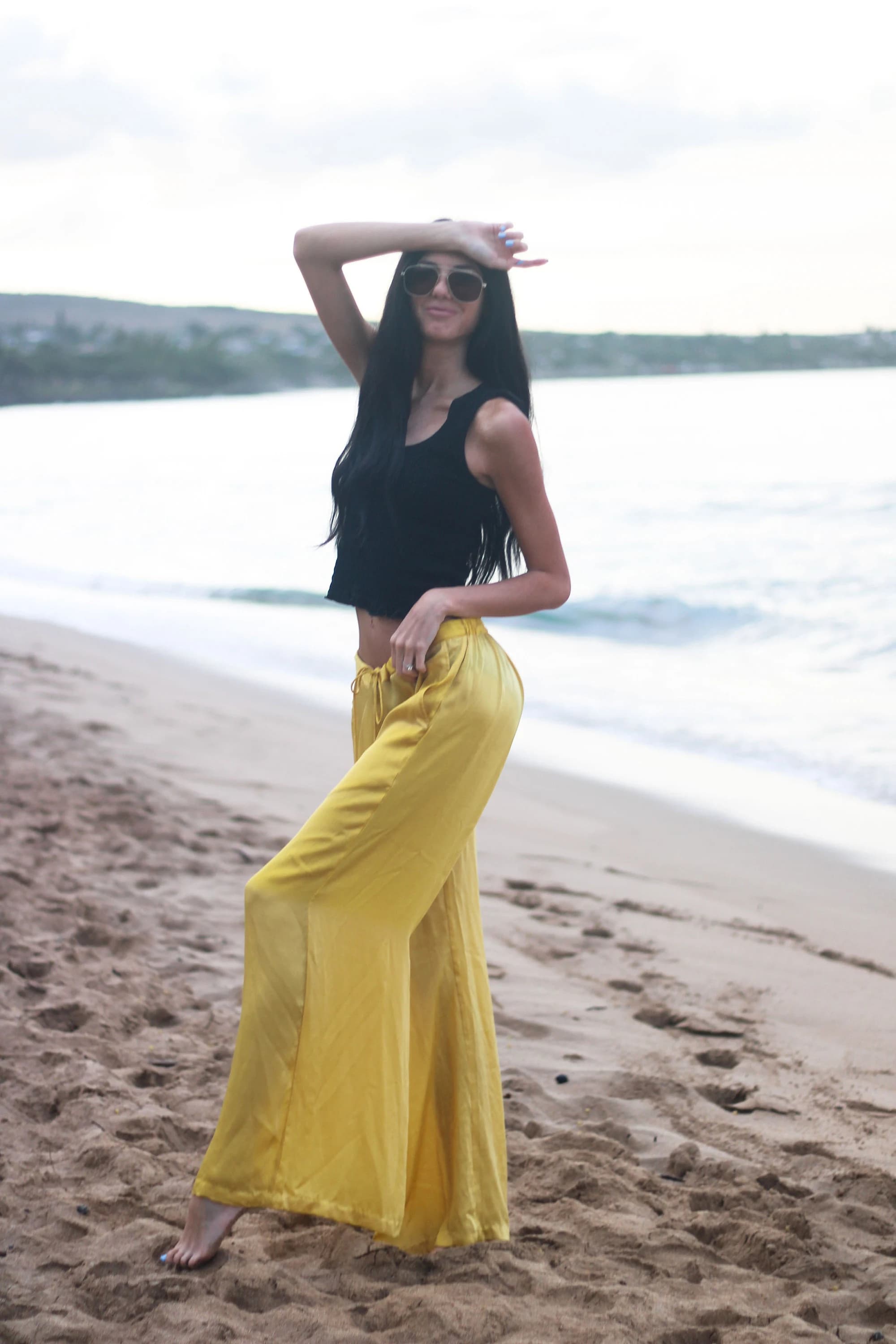 Yellow Silk Palazzo Pants, Bohemian Wide Leg Trousers