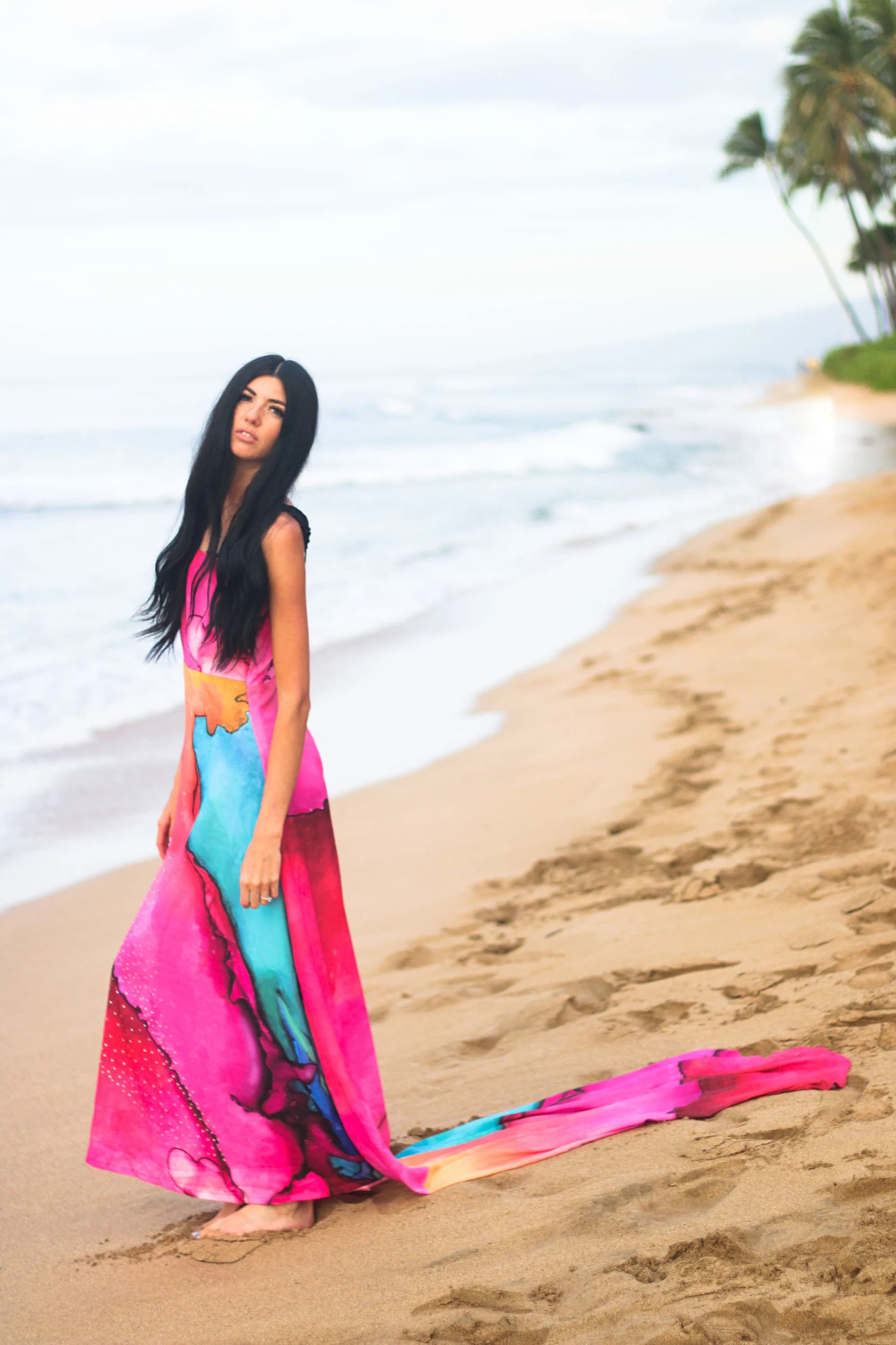 Abstract Silk Satin Dress, Watercolor Beach Kaftan - image 5