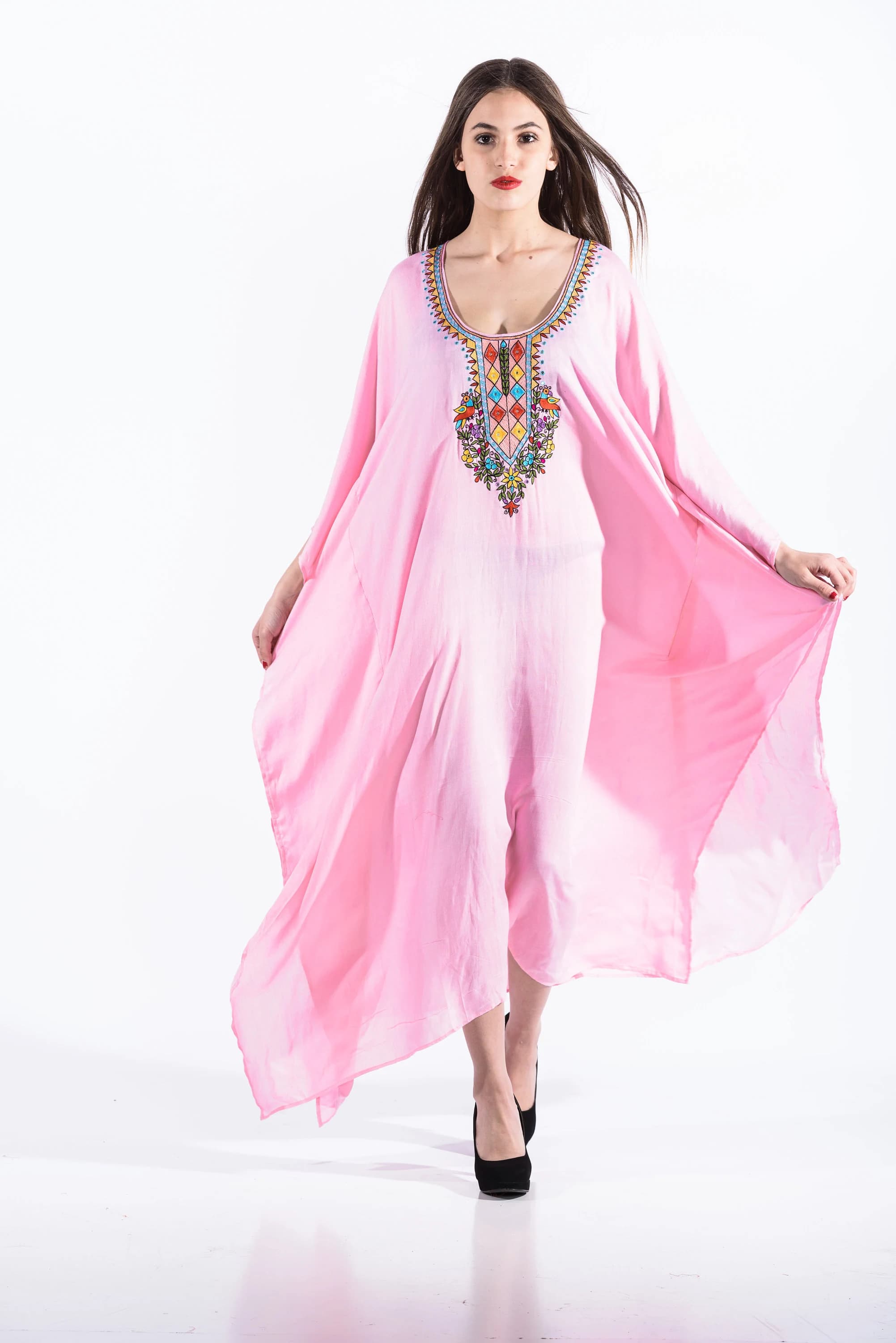 Embroidered Cotton Kaftan, Pink Boho Abaya Dress, Plus Size