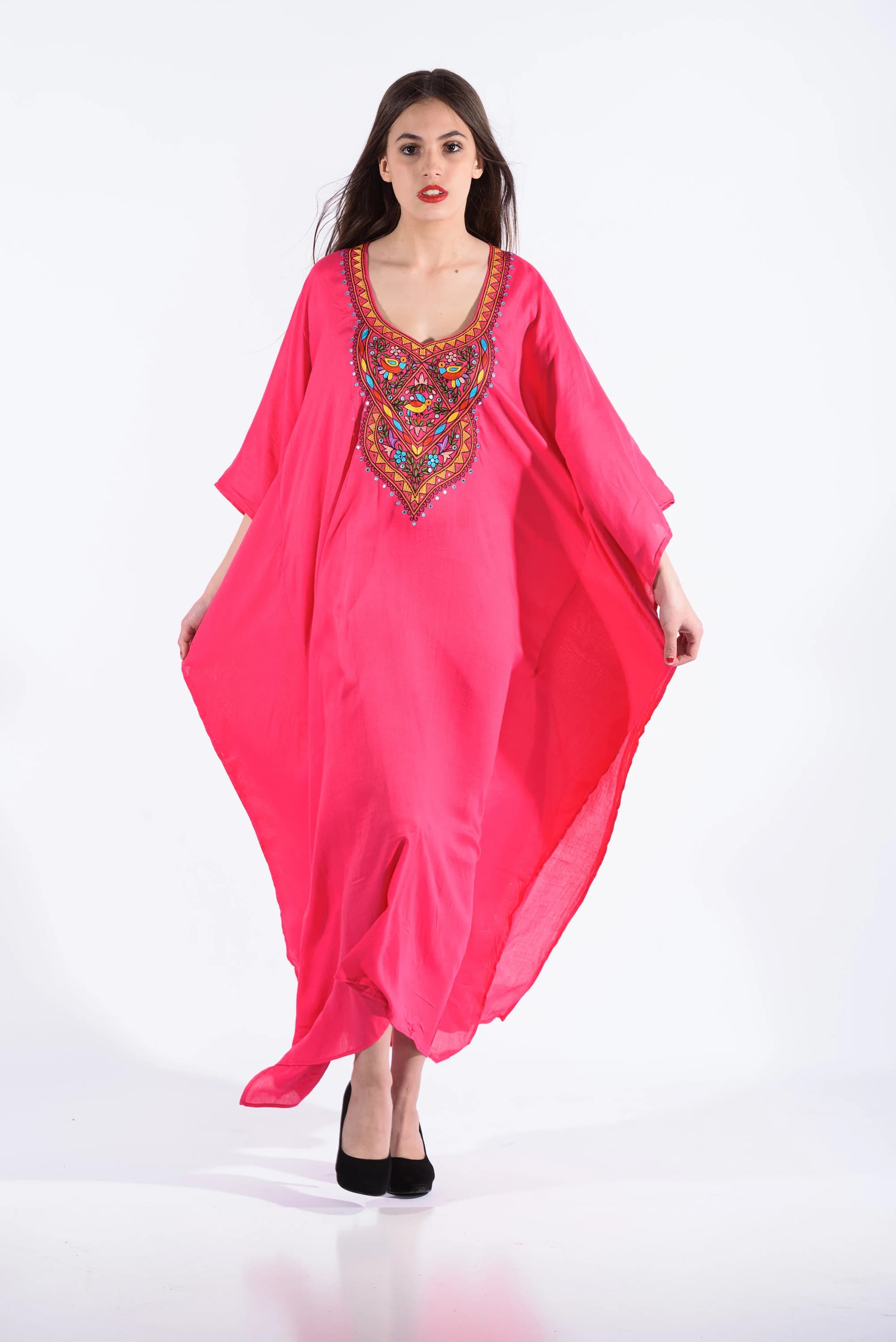 Embroidered Cotton Kaftan, Pink Boho Abaya Dress, Plus Size - image 2