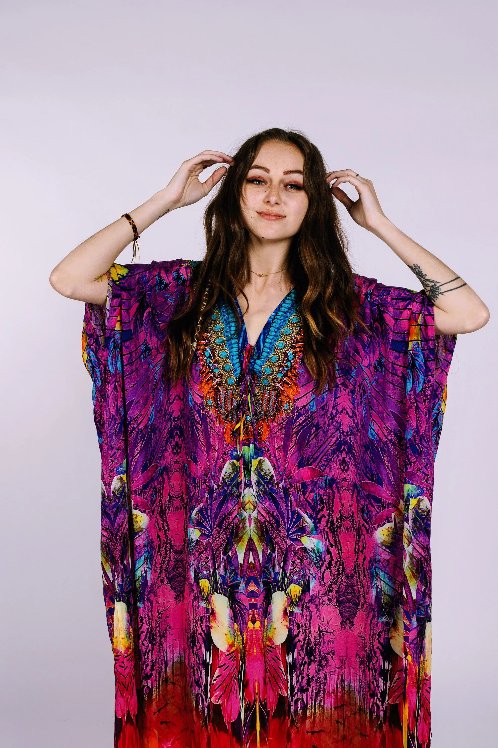 Silk Crepe Rainbow Kaftan, Beaded V Neck Maxi Dress