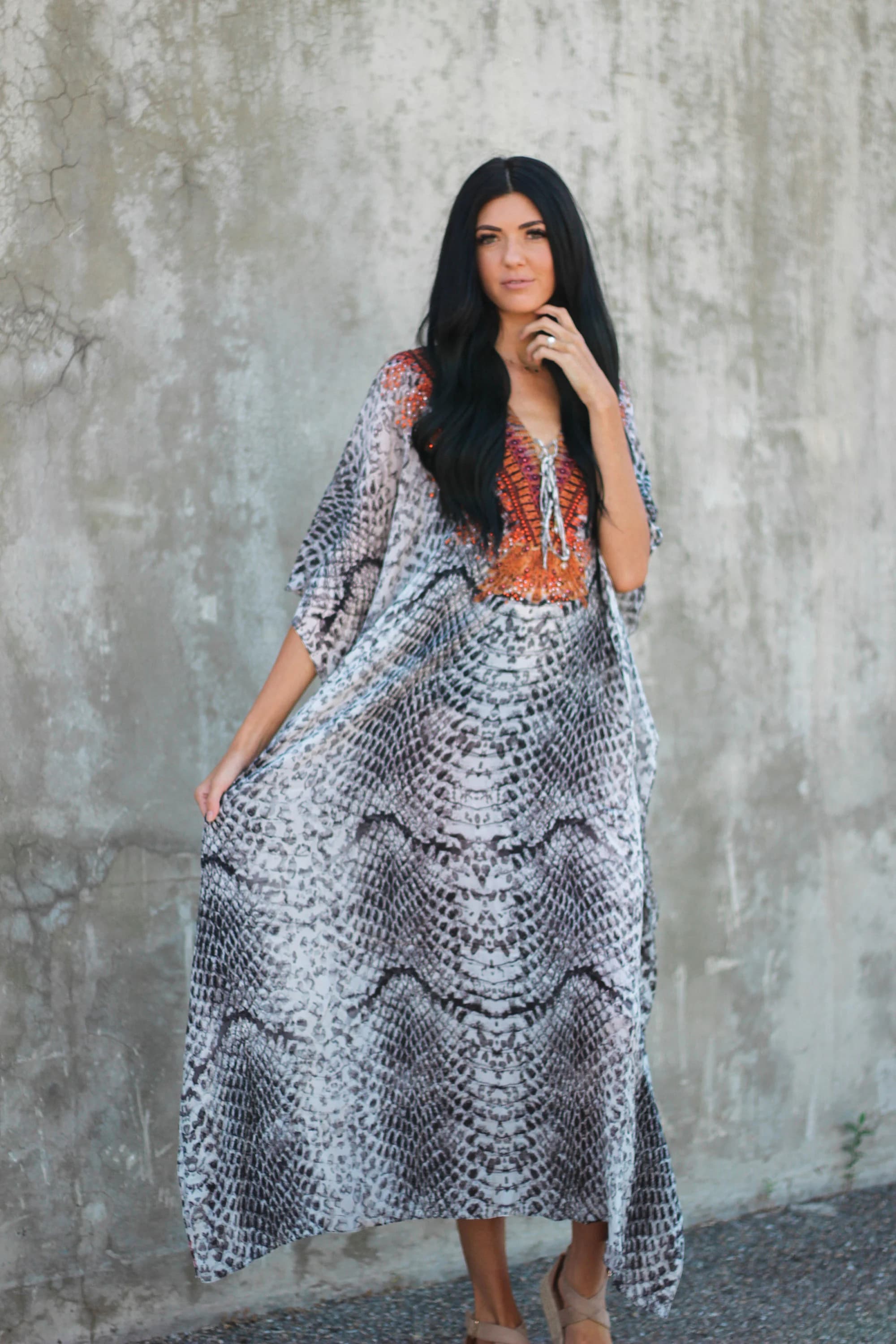 Plus Size Silk Snakeskin Print Kaftan, Beaded V Neck