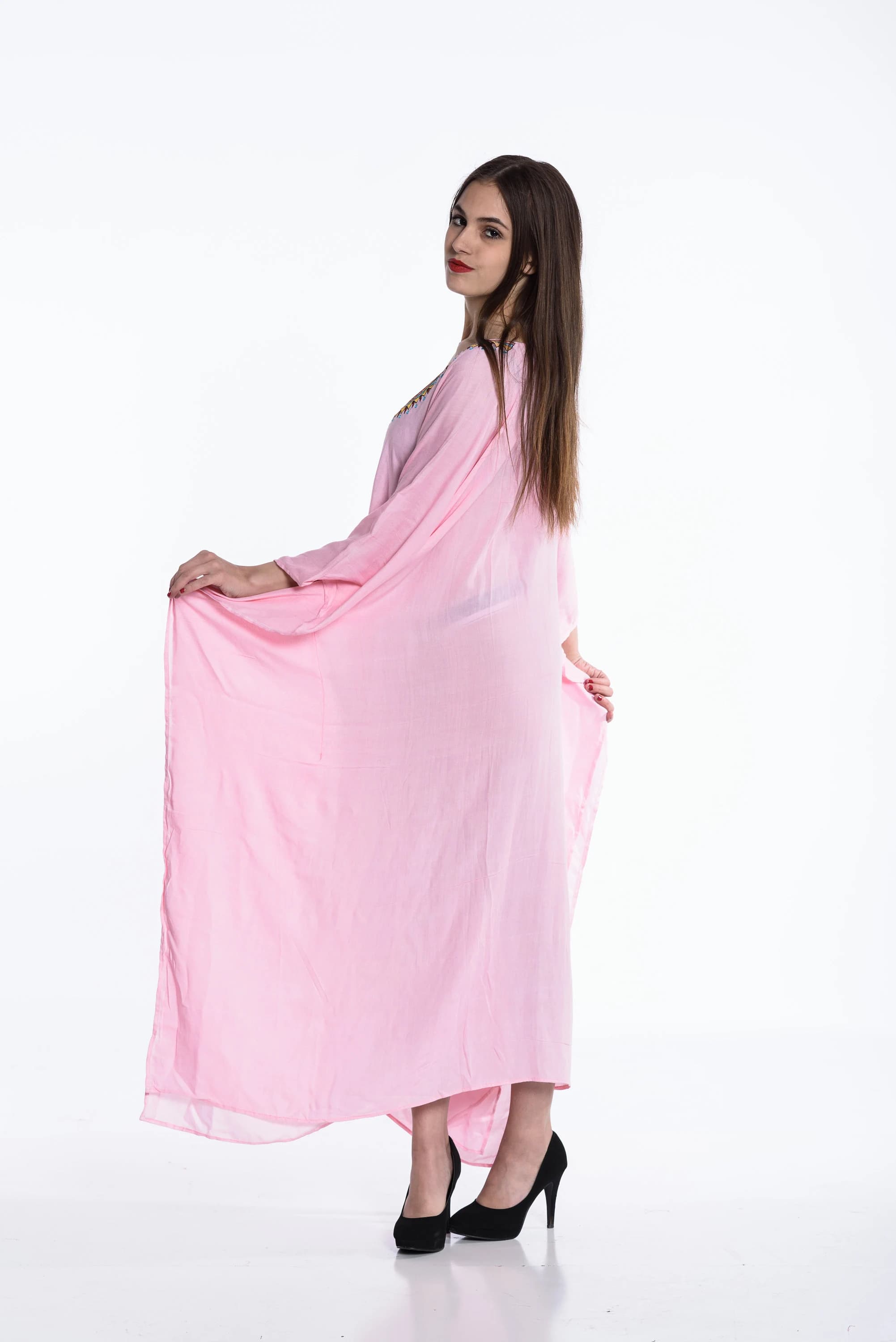 Embroidered Cotton Kaftan, Pink Boho Abaya Dress, Plus Size - image 4