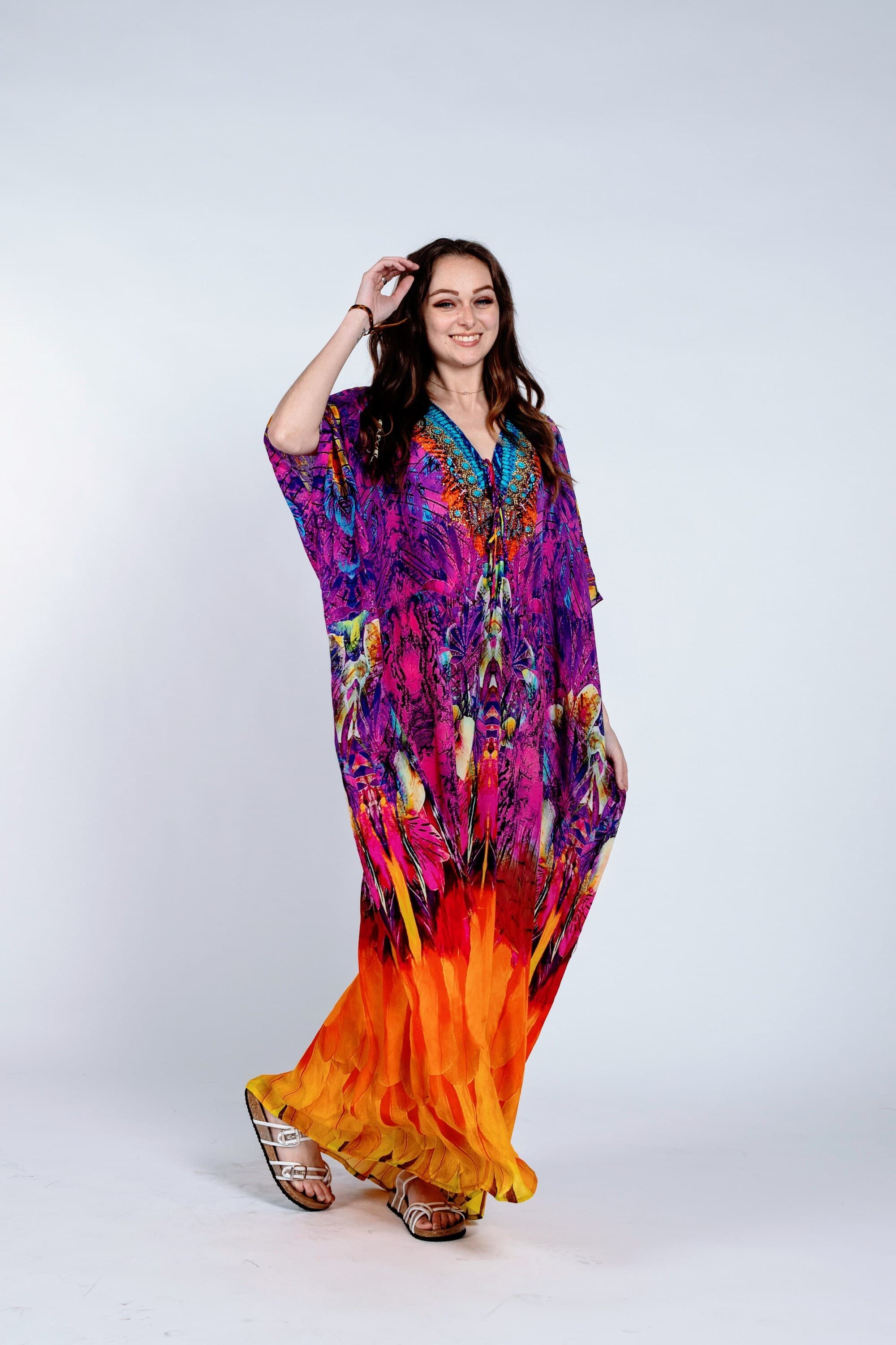 Silk Crepe Rainbow Kaftan, Beaded V Neck Maxi Dress - image 4