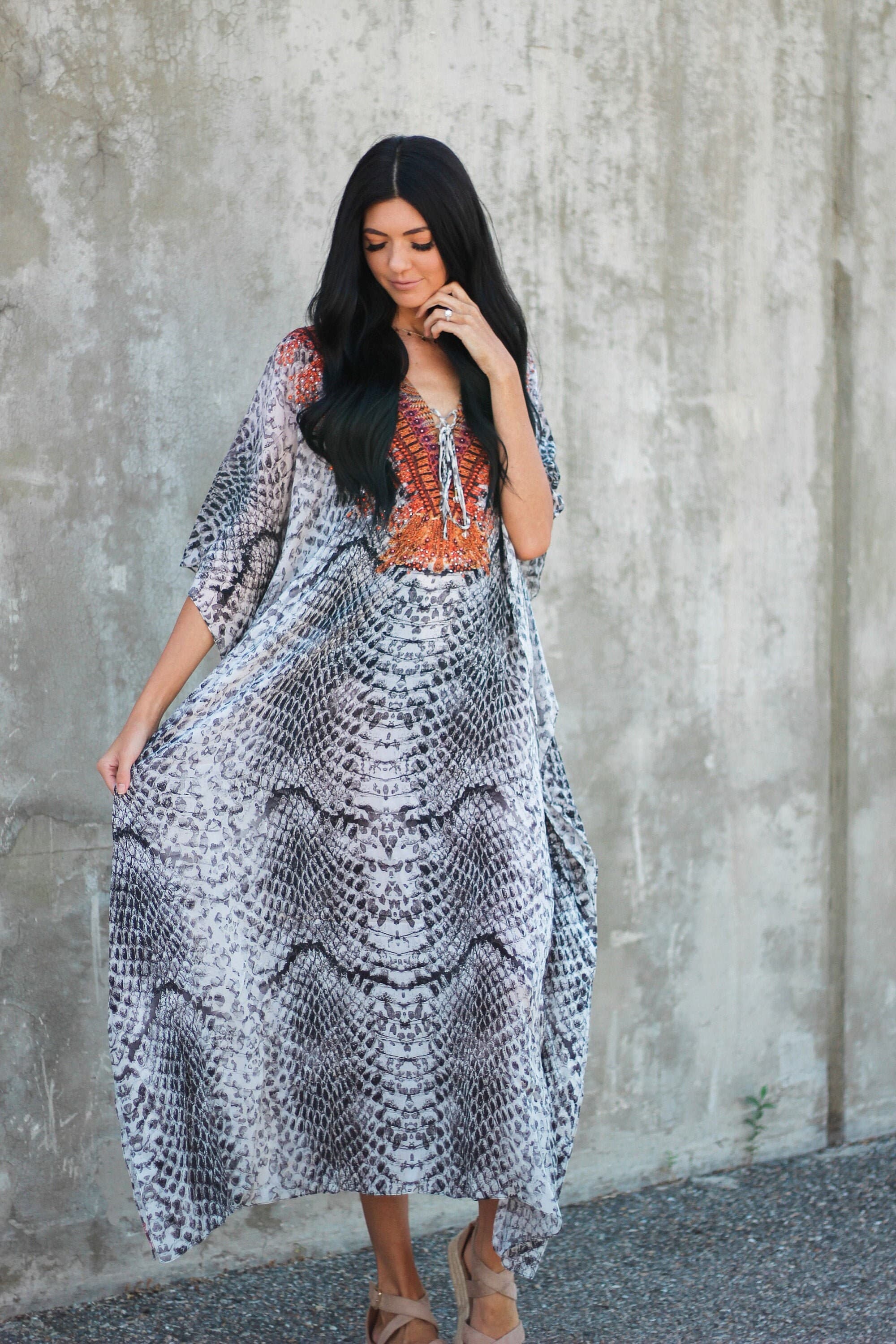 Plus Size Silk Snakeskin Print Kaftan, Beaded V Neck - image 3