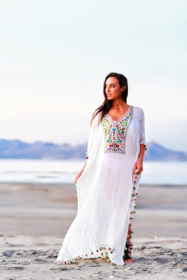 Embroidered Boho Kaftan Dress, White Maxi, Plus Size Beach Cover Up