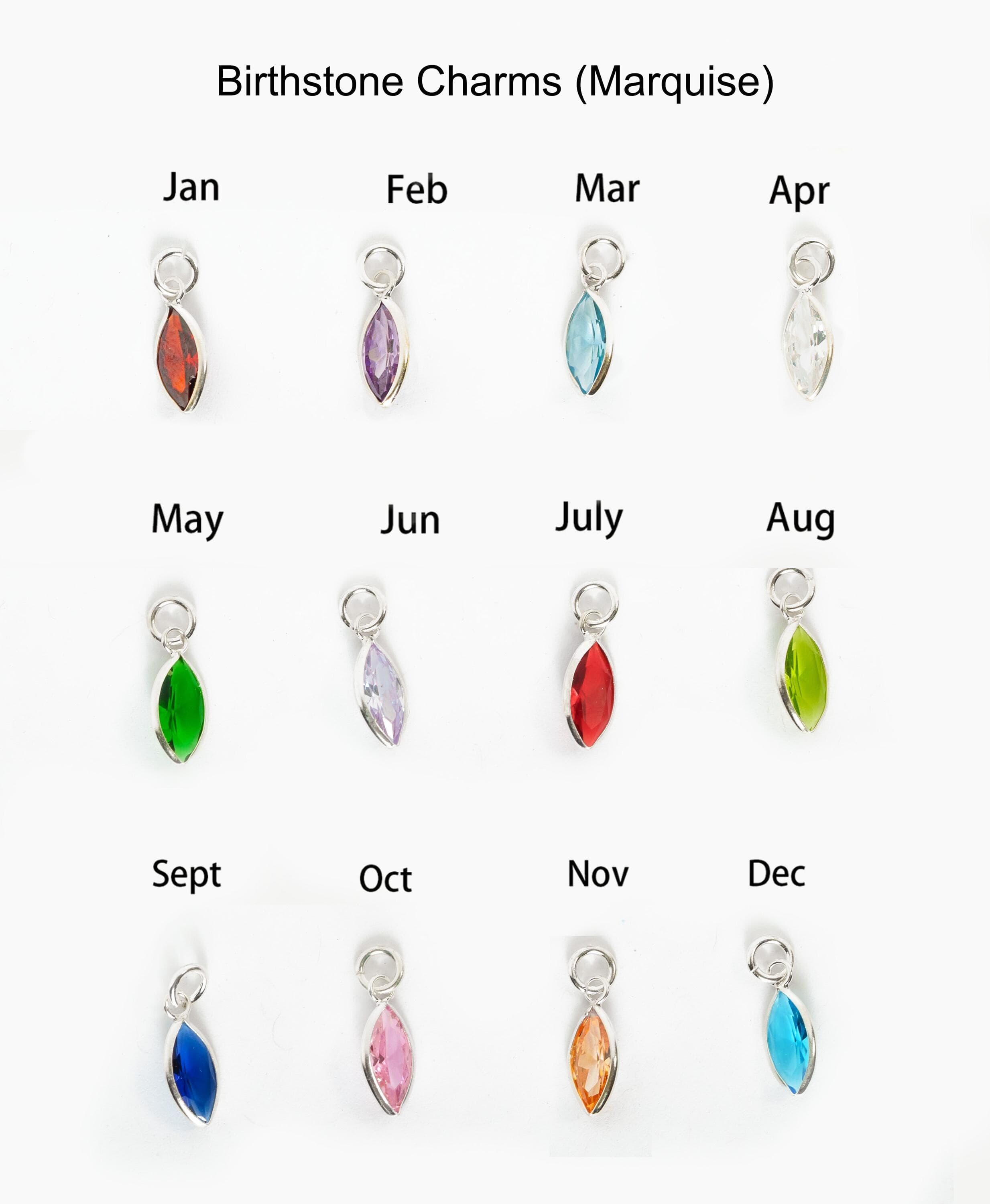 925 Sterling Silver Crystal Birthstone Charm, Bracelet or Anklet Charm, Round, Marquise Cut, Navette Shape, Heart Shape Charms (CN17) - image 3