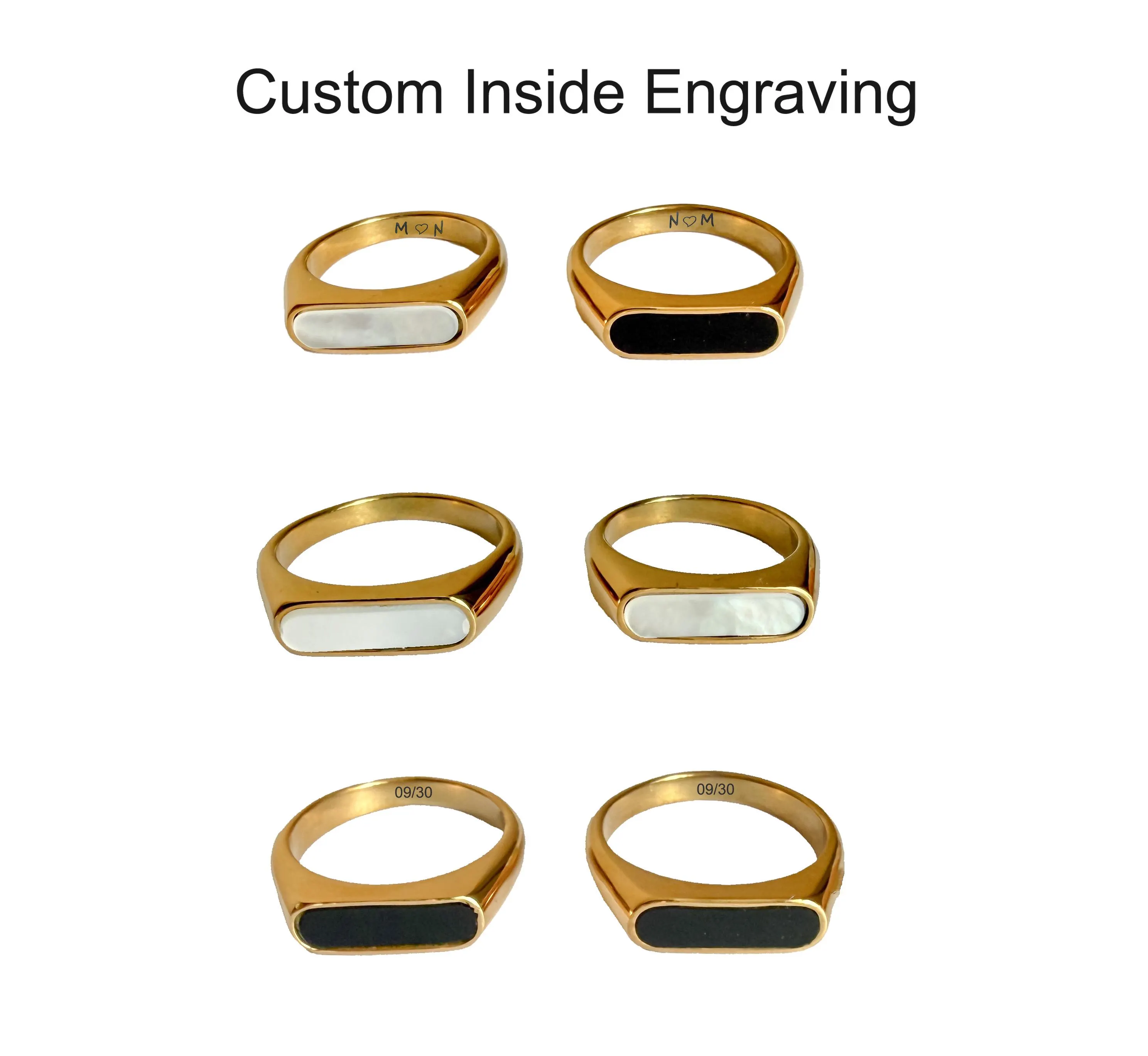 Stainless Steel Couple Rings, Rectangle Couple Rings, Back Onyx & White Pearl Rings, Custom Engraving Rings, YinYang Balance Rings. (R32)