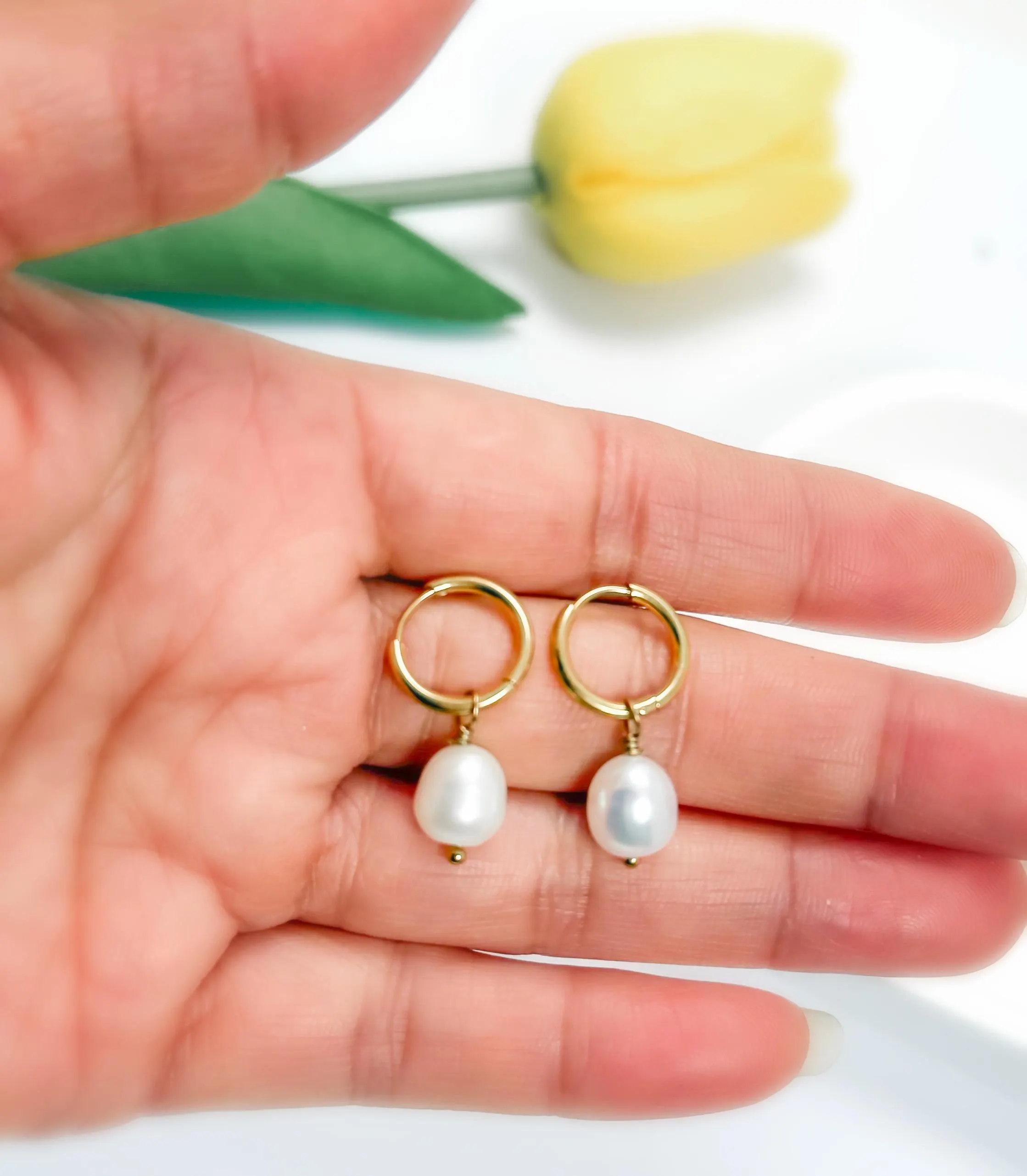 Freshwater Pearl Hoop Earrings,  Gold Hoop Pearl Earring, Dainty Pearl Drops Earrings, Mother's Day Gifts, Wedding Earrings  (ER04) - image 4