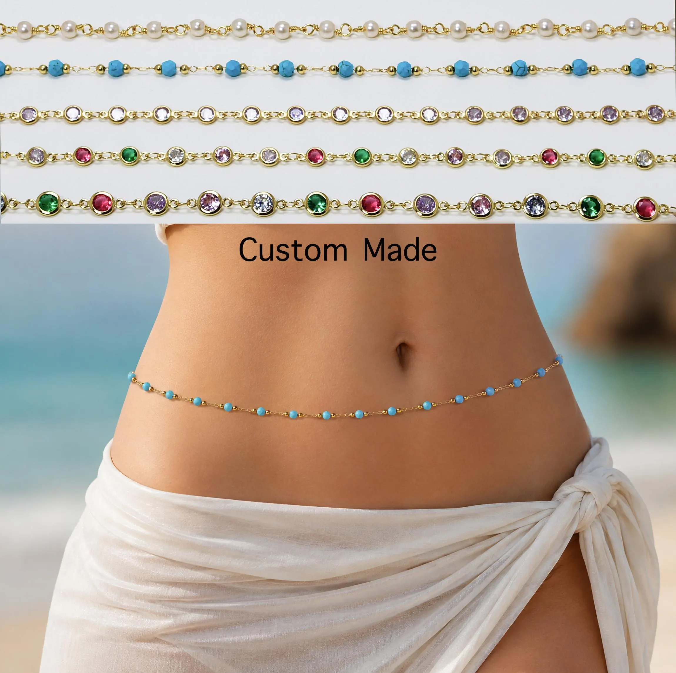 18k Gold Stainless Steel Custom made Belly Chain, Pearls, Colorful or Light Purple CZ , Turquoise Beads Waist Chain, Gift for Her.(W01)