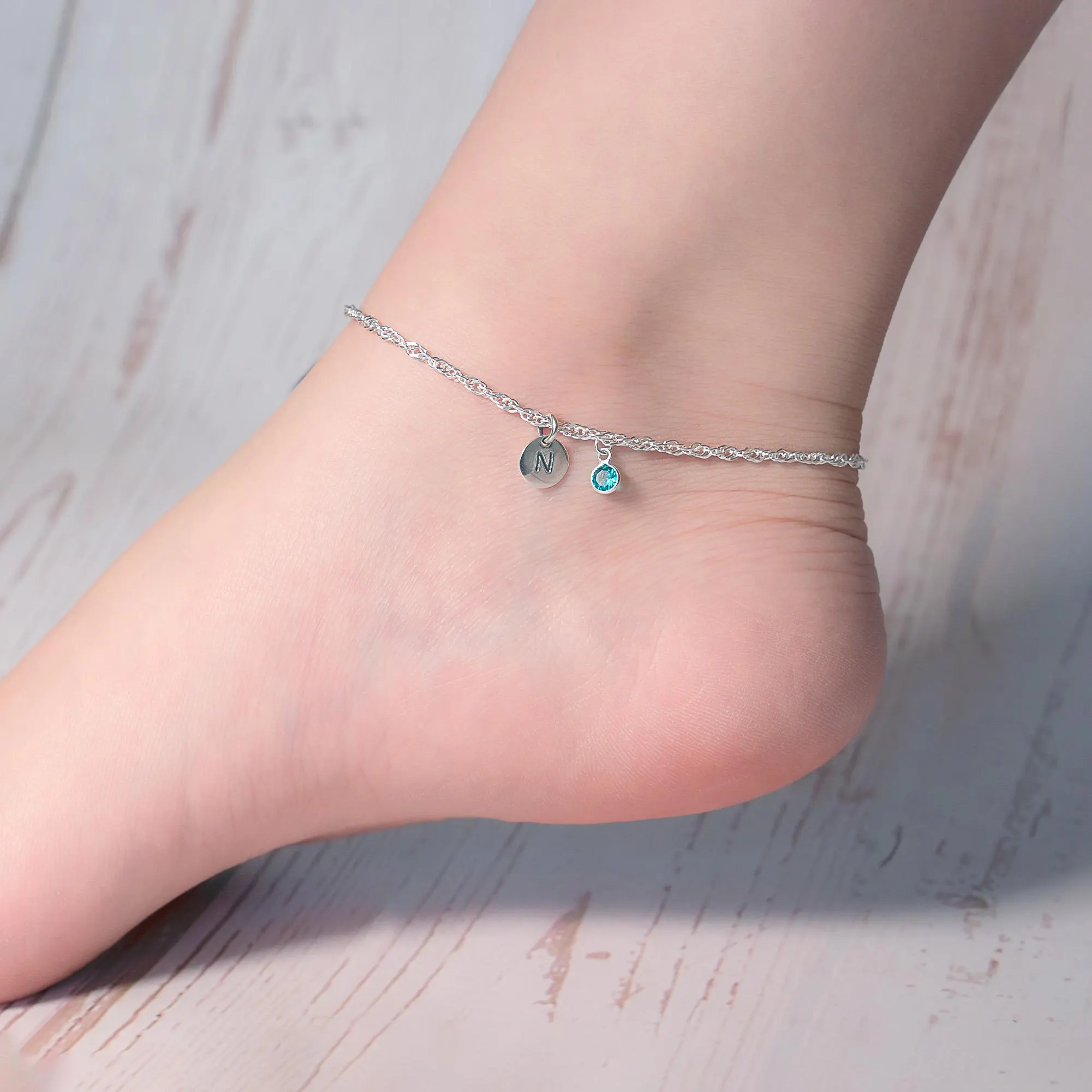 925 Sterling Silver Anklet, Initial Anklet, Birthstone Anklet, Personalized Anklet,  Ankle Bracelet, Singapore Chain Anklet(A05)