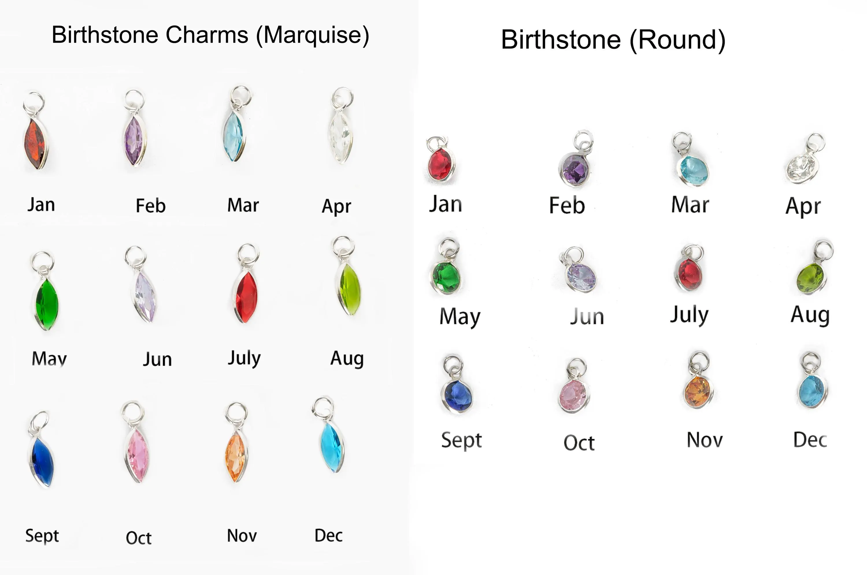 925 Sterling Silver Crystal Birthstone Charm, Bracelet or Anklet Charm, Round, Marquise Cut, Navette Shape, Heart Shape Charms (CN17)
