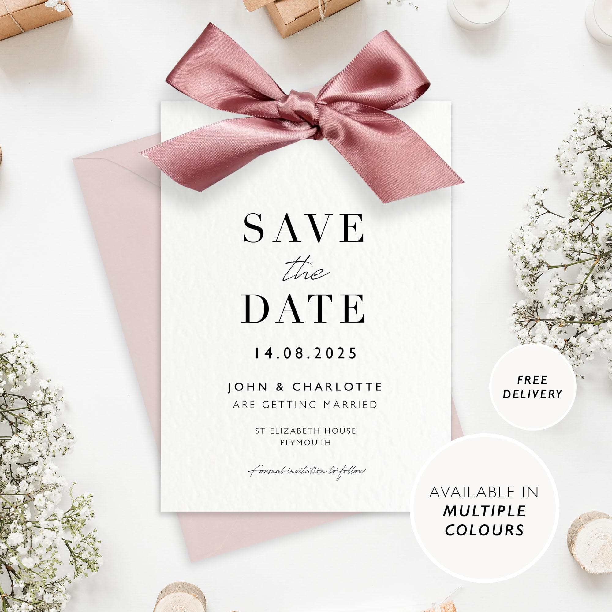 Save the Date Satin Bow Ribbon Personalised Sage Wedding Invitation With Envelope Pink Dusky Blue Wedding Stationery Suite - image 4