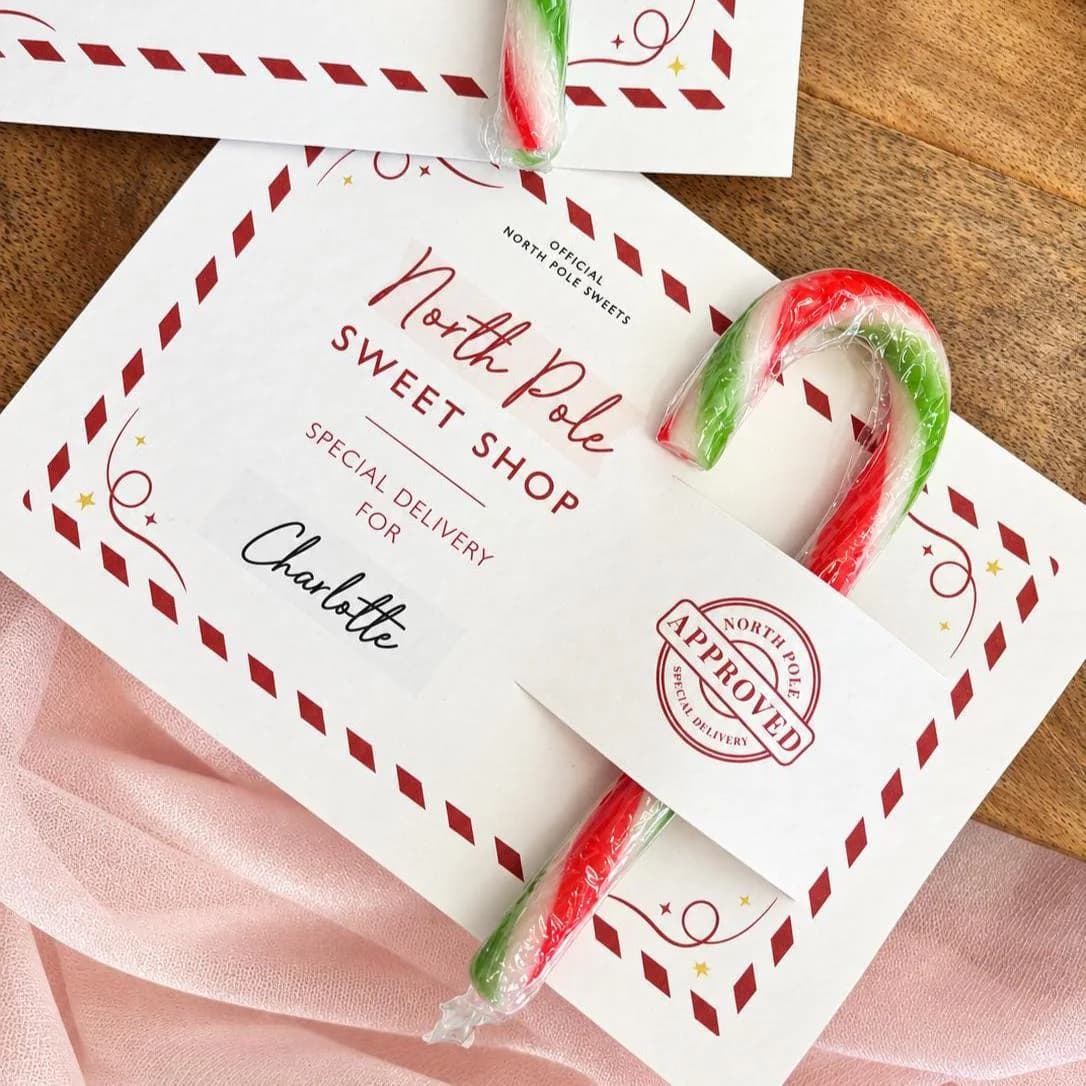 Christmas Eve Box Filler, Personalised Candy Cane Gift for Kids, North Pole Sweet Shop Christmas Treat, Stocking Filler