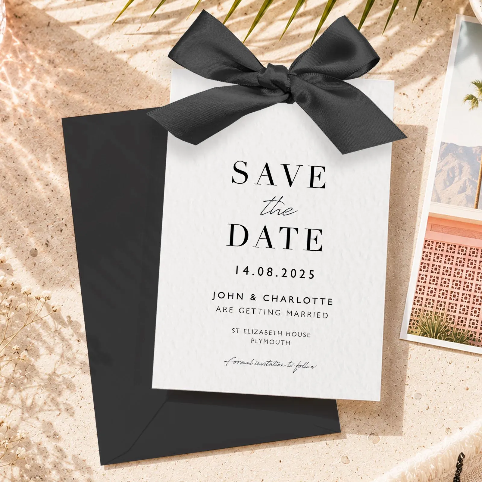 Save the Date Satin Bow Ribbon Personalised Sage Wedding Invitation With Envelope Pink Dusky Blue Wedding Stationery Suite