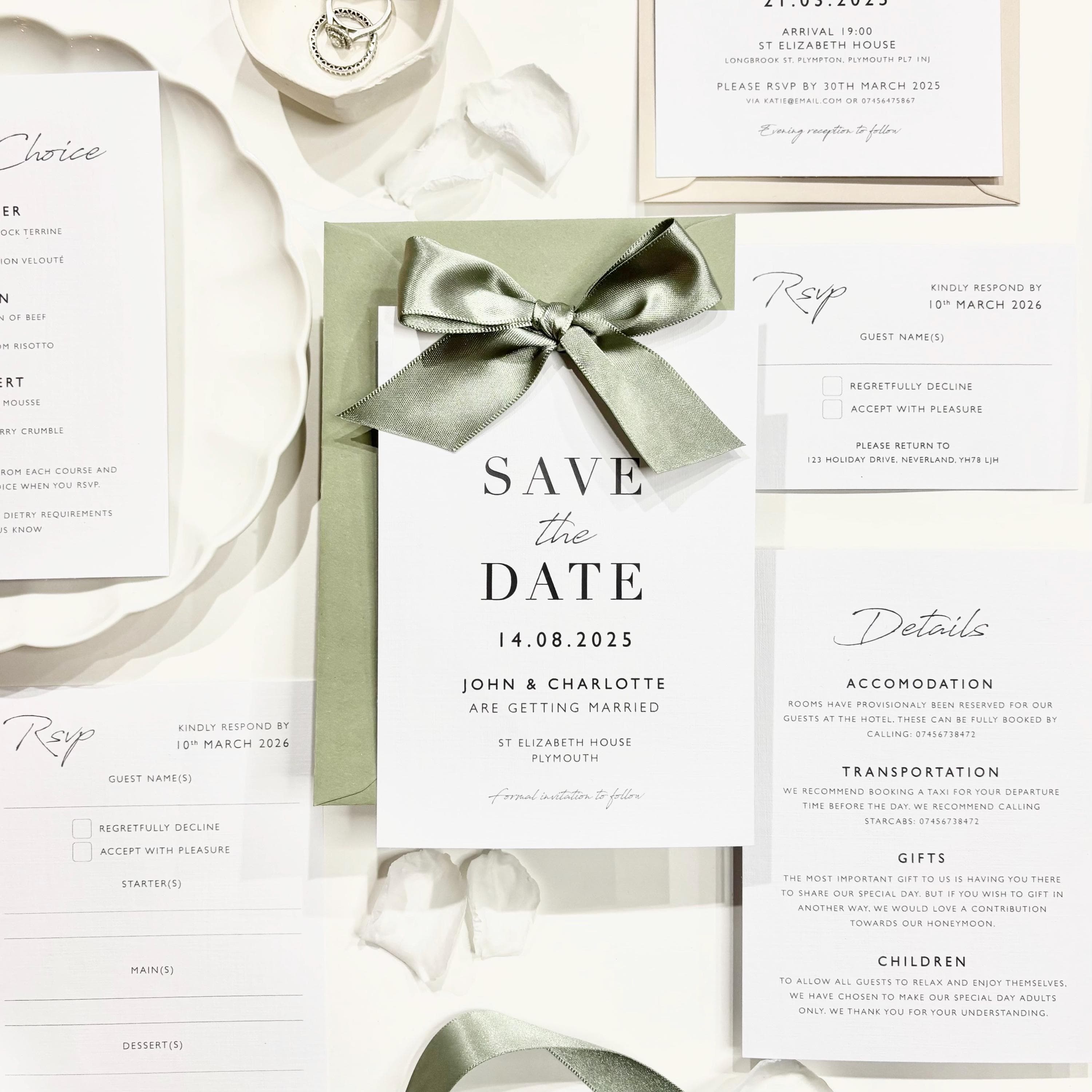 Save the Date Satin Bow Ribbon Personalised Sage Wedding Invitation With Envelope Pink Dusky Blue Wedding Stationery Suite - image 3