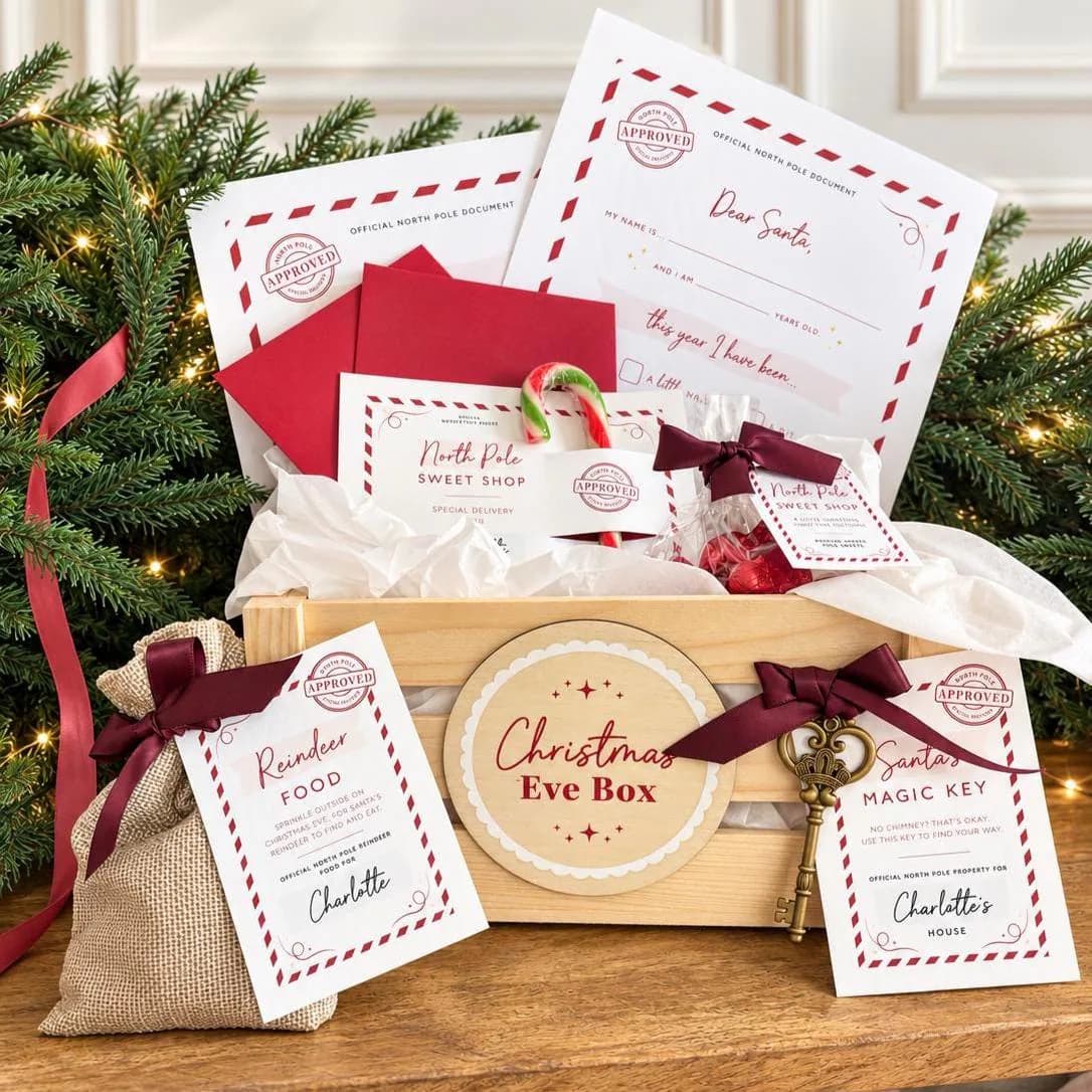 Personalised Christmas Eve Box, Filled Wooden Christmas Eve Crate, Santa Letter, Magic Key, Reindeer Food & Treats, Christmas Gift for Kids