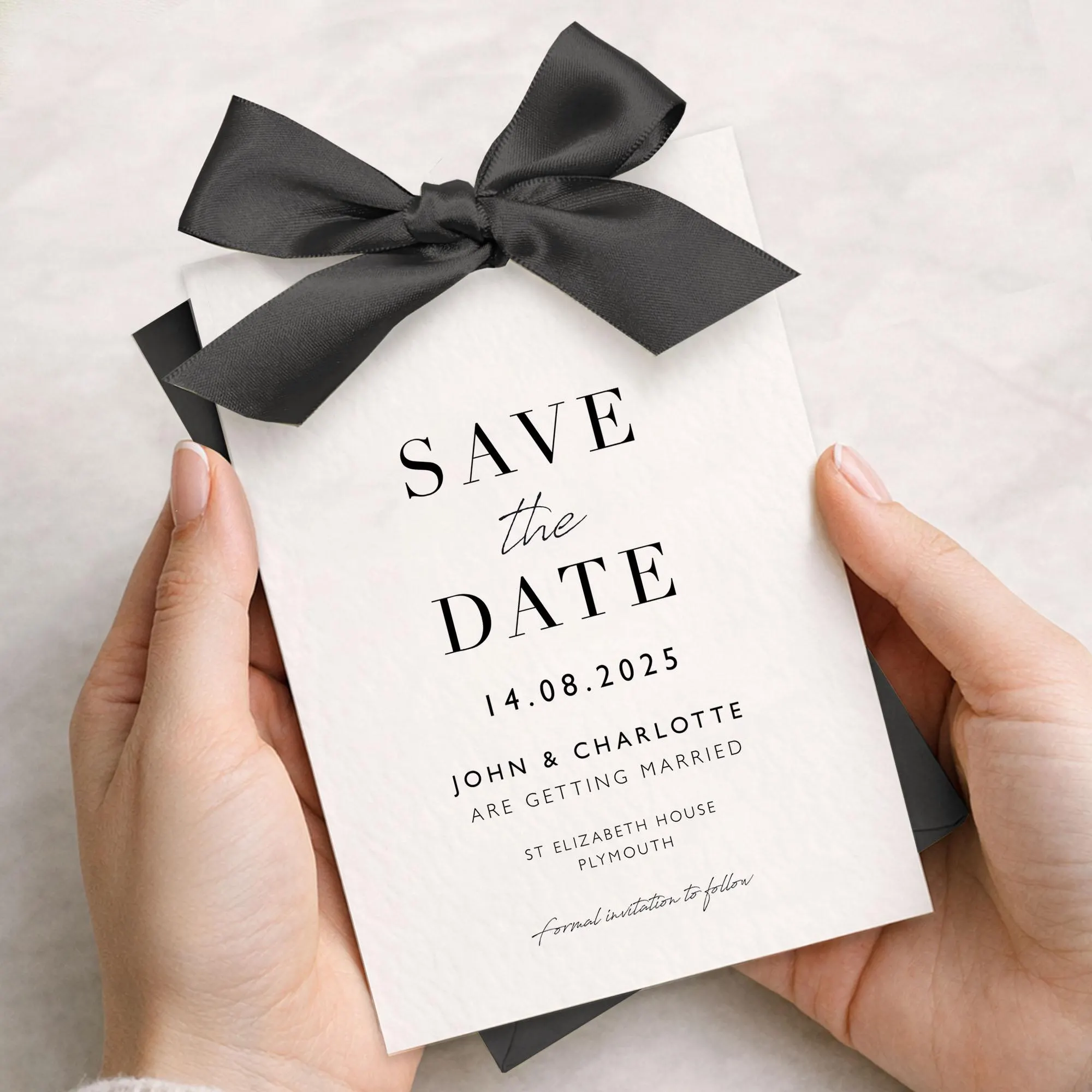 Save the Date Satin Bow Ribbon Personalised Sage Wedding Invitation With Envelope Pink Dusky Blue Wedding Stationery Suite - image 5