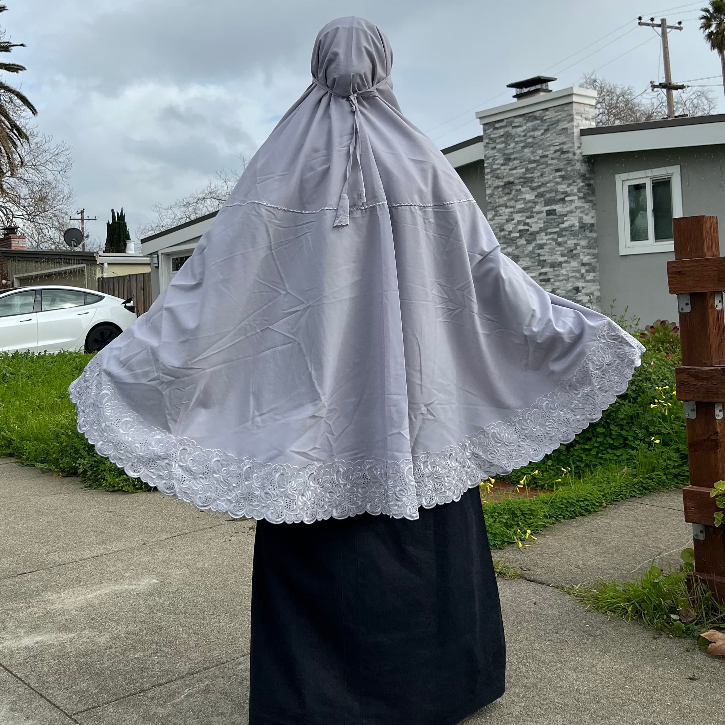 SOFIA Khimar Light Grey Embroidered Cotton Blend Khimar Isdal Namaz Zip Pocket