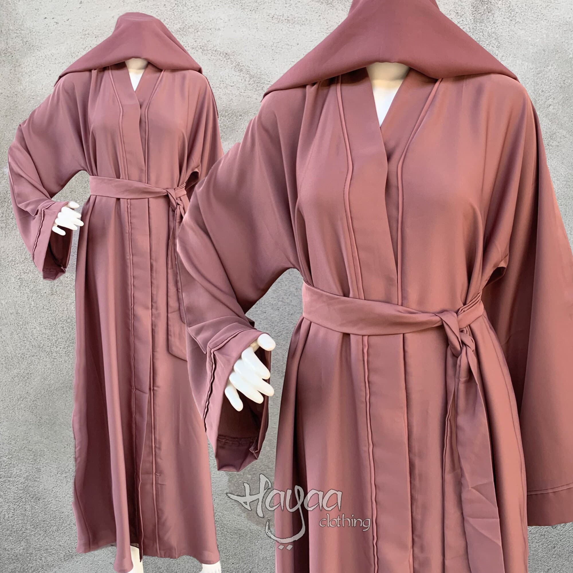 Dark Rose Dubai Abaya with Sash & Hijab - Snap-Front Islamic Clothing