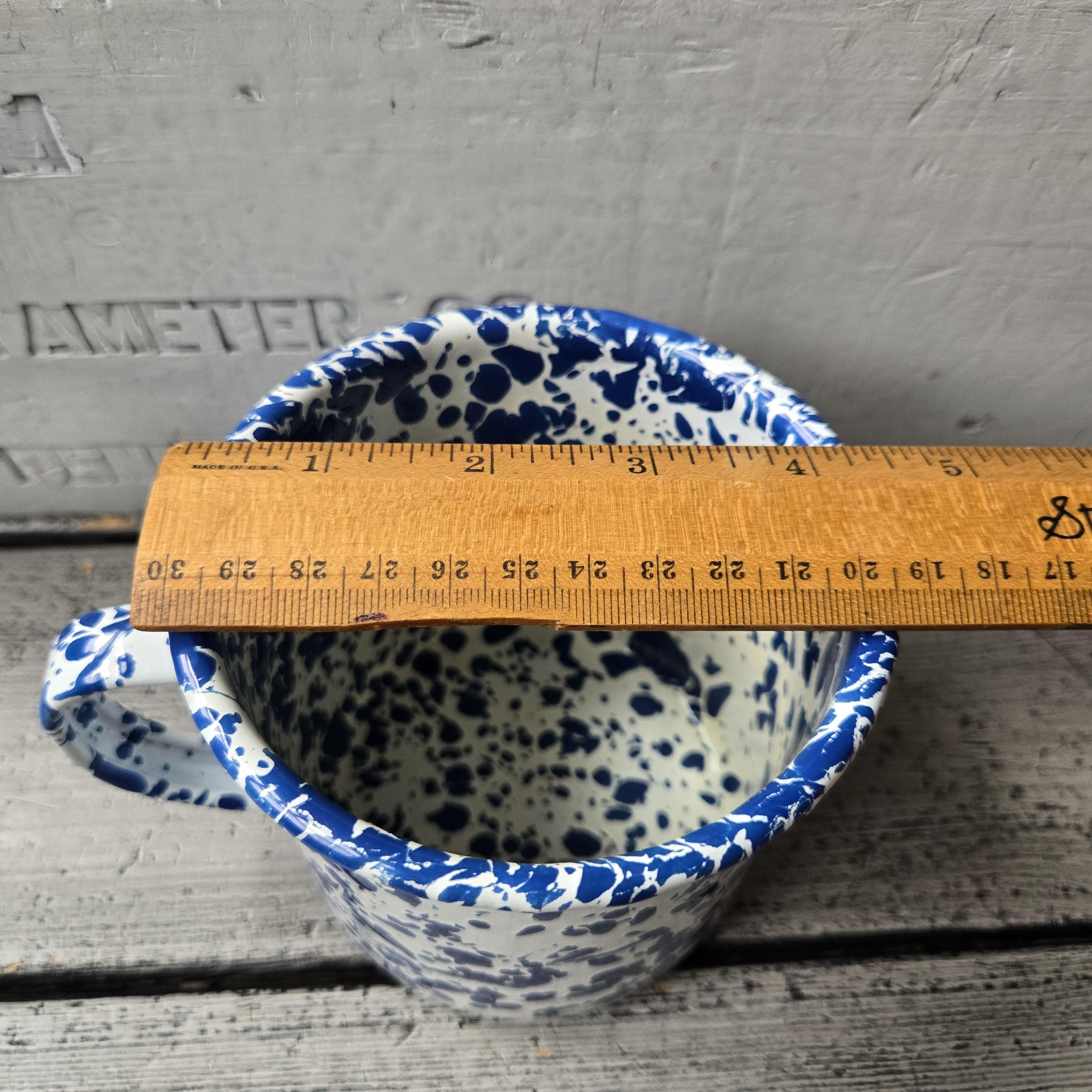 Blue and white enamelware metal cup, splatter blue and white camping cup, vintage tin enamelware mug, marbled blue and white camping mug - image 4