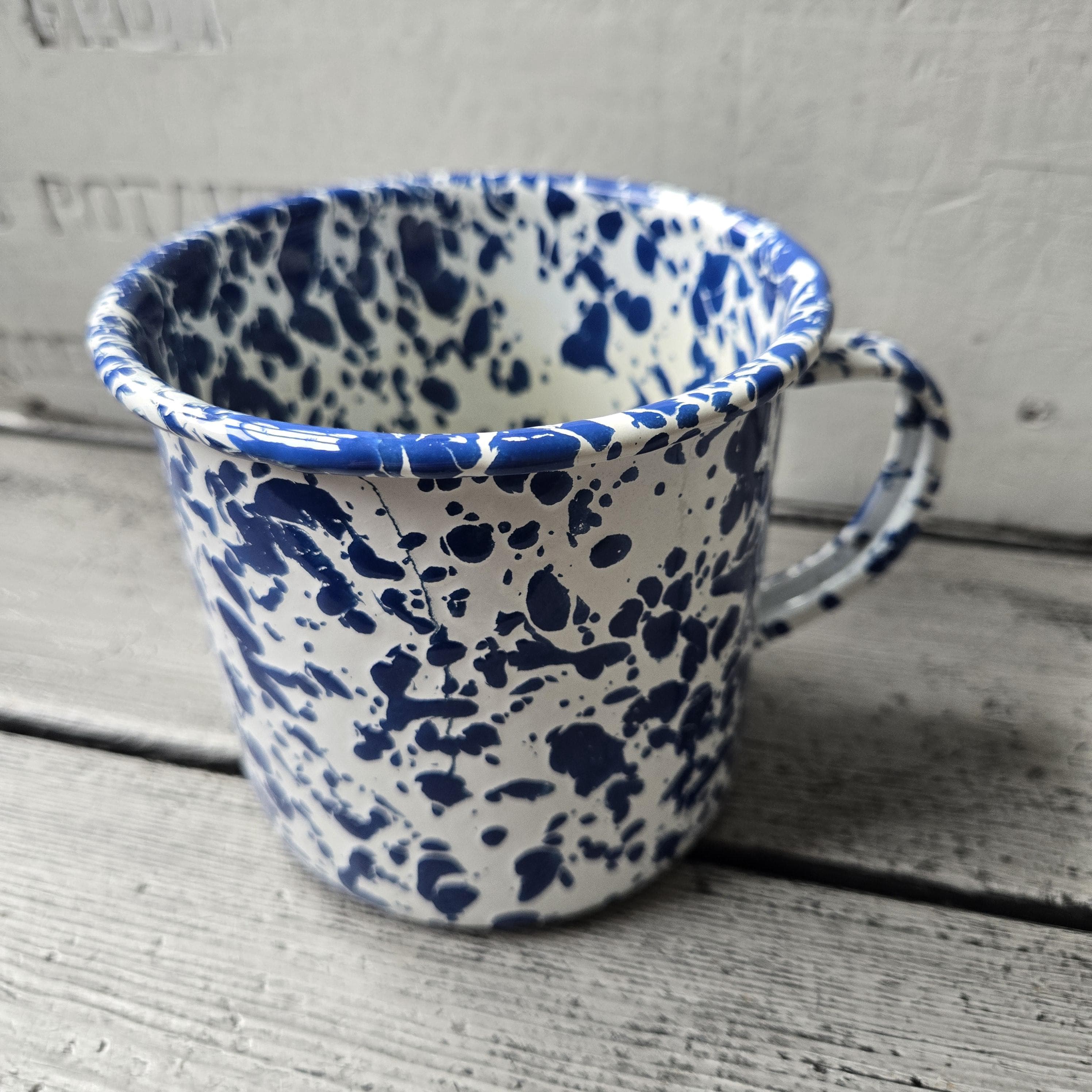 Blue and white enamelware metal cup, splatter blue and white camping cup, vintage tin enamelware mug, marbled blue and white camping mug - image 5
