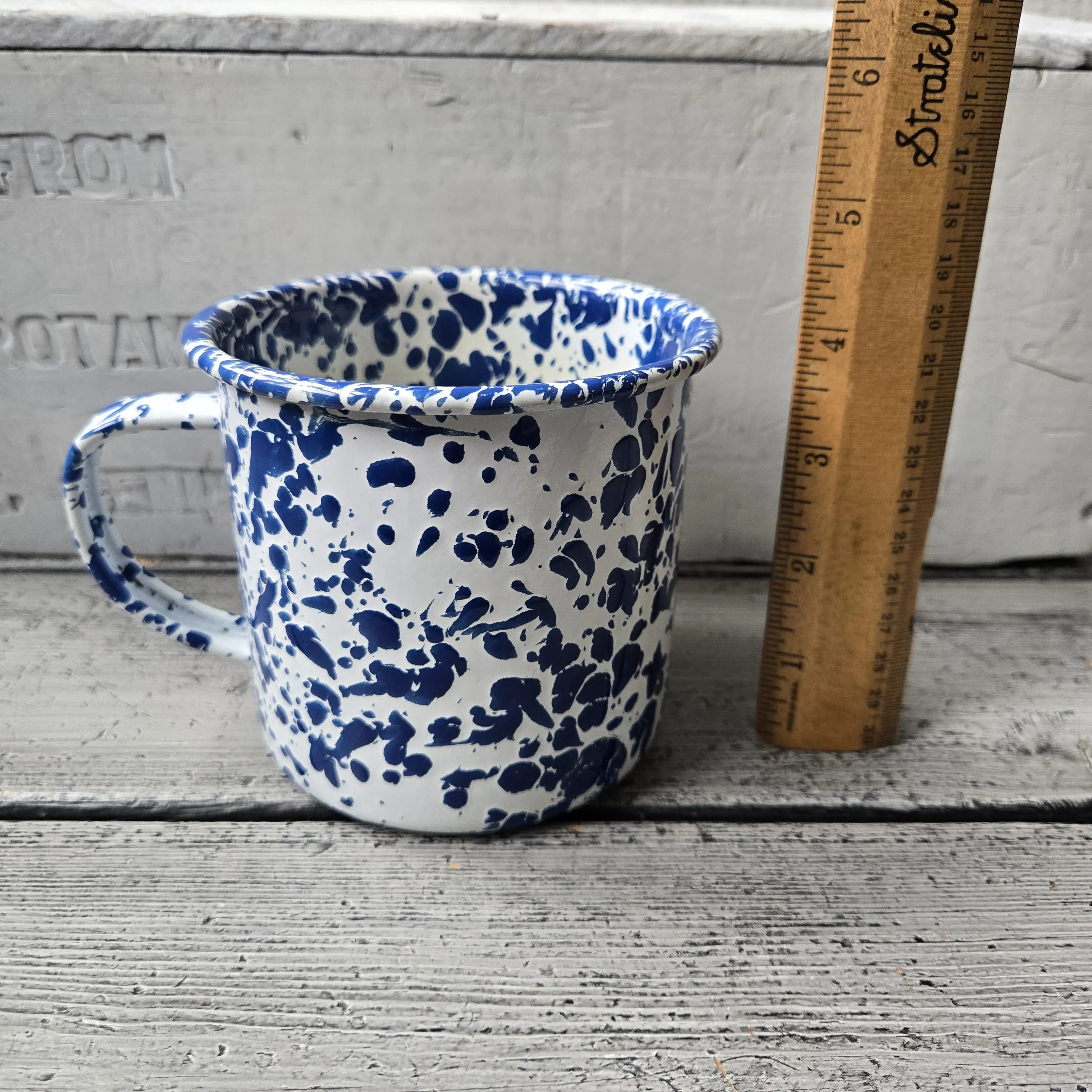 Blue and white enamelware metal cup, splatter blue and white camping cup, vintage tin enamelware mug, marbled blue and white camping mug - image 3