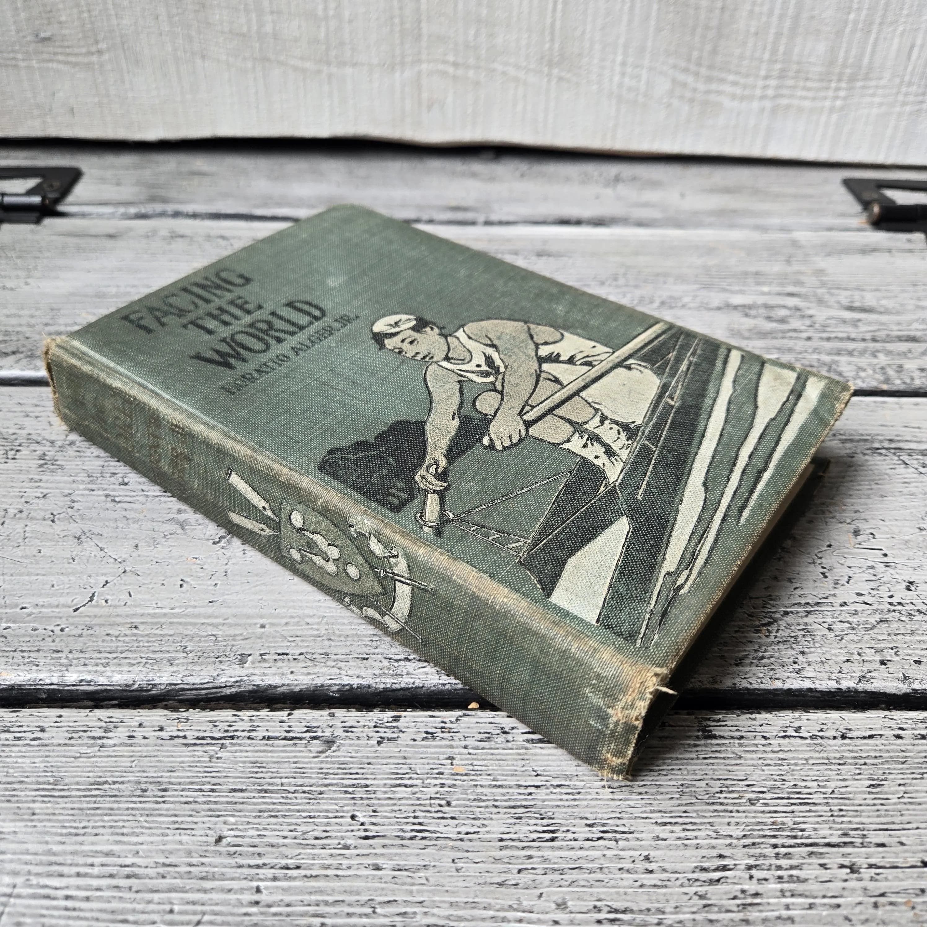 Antique Facing the World book by Horatio Alger Jr. early 1900's, antique green book, antique Horatio Alger Jr. book, tattered green book - image 3