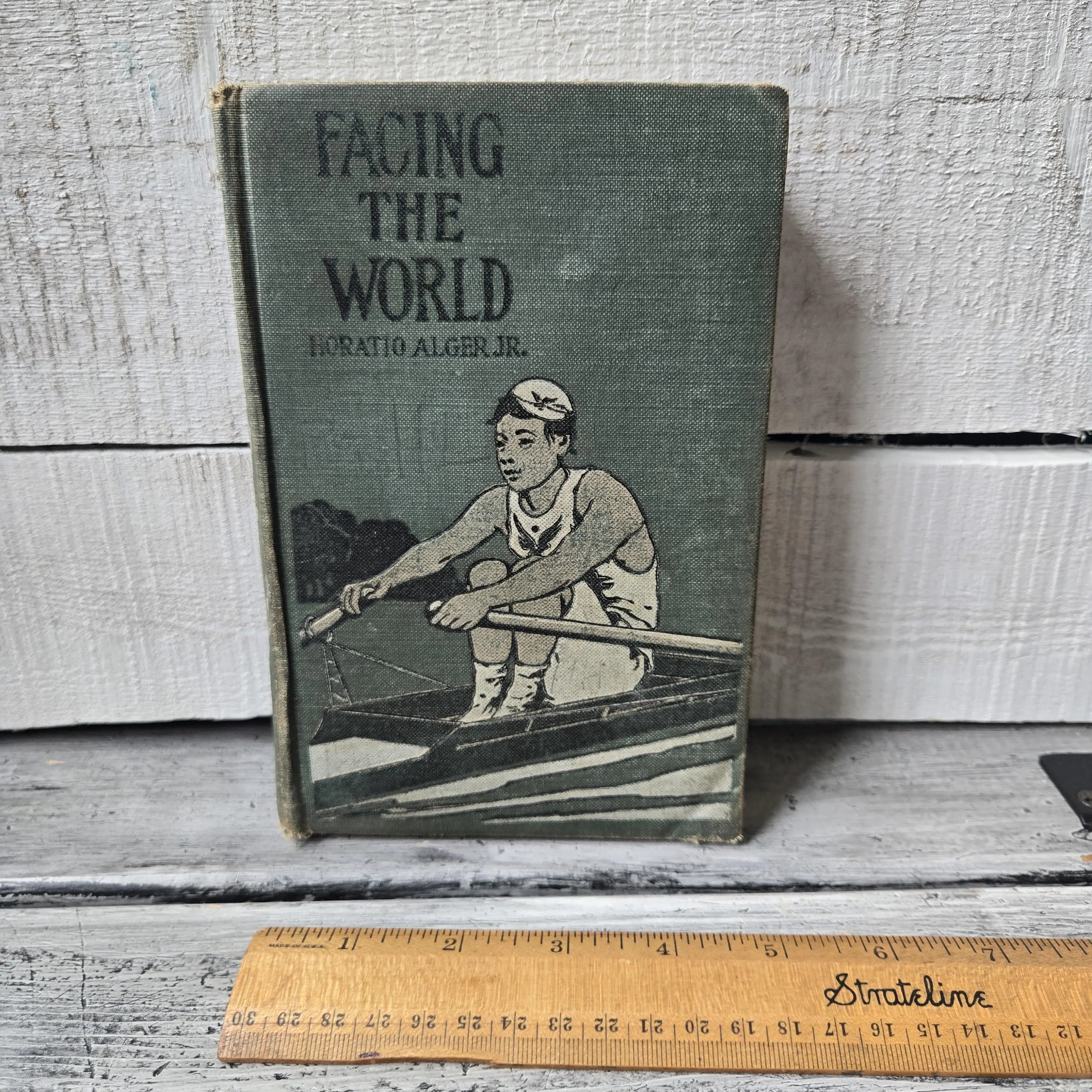 Antique Facing the World book by Horatio Alger Jr. early 1900's, antique green book, antique Horatio Alger Jr. book, tattered green book - image 5
