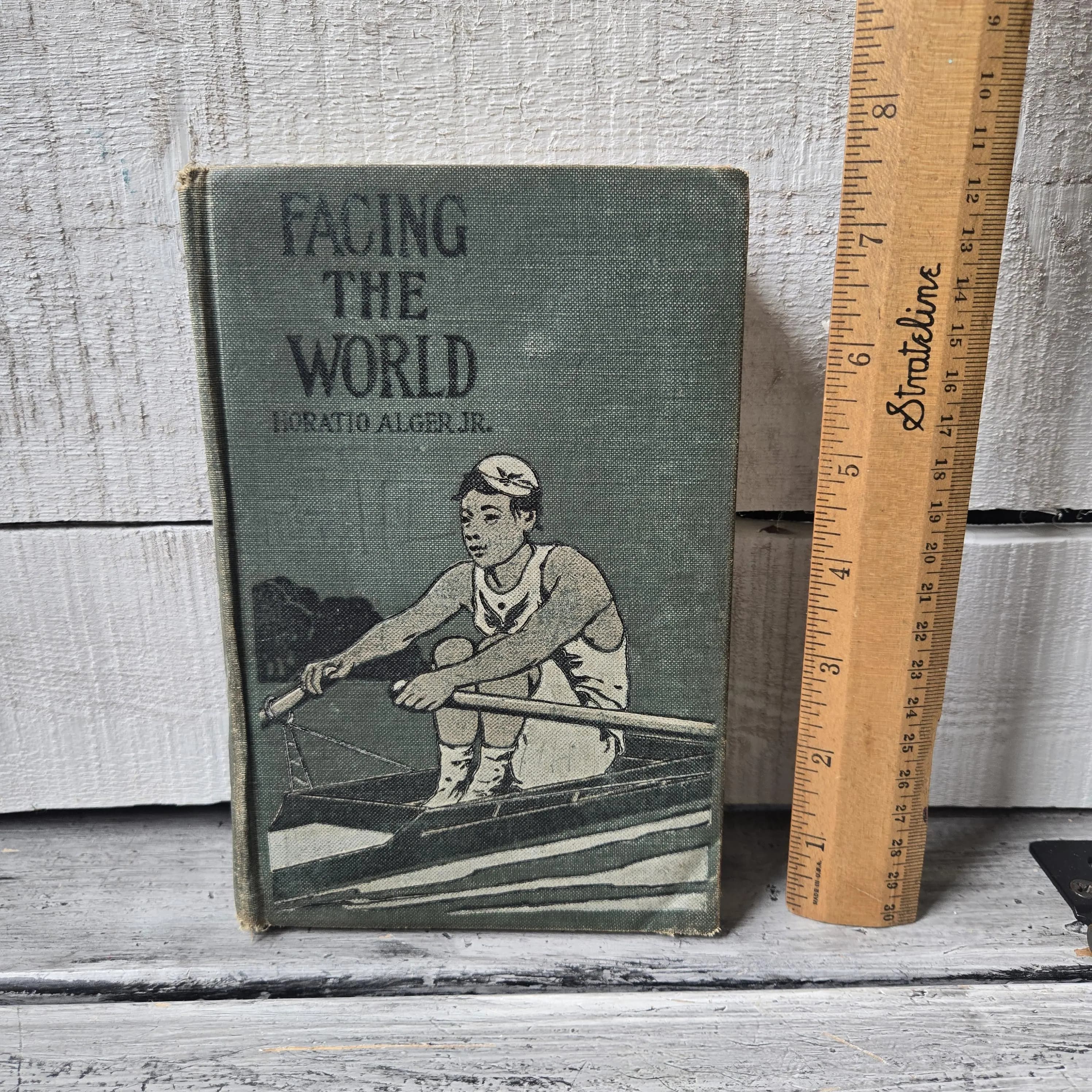 Antique Facing the World book by Horatio Alger Jr. early 1900's, antique green book, antique Horatio Alger Jr. book, tattered green book - image 4
