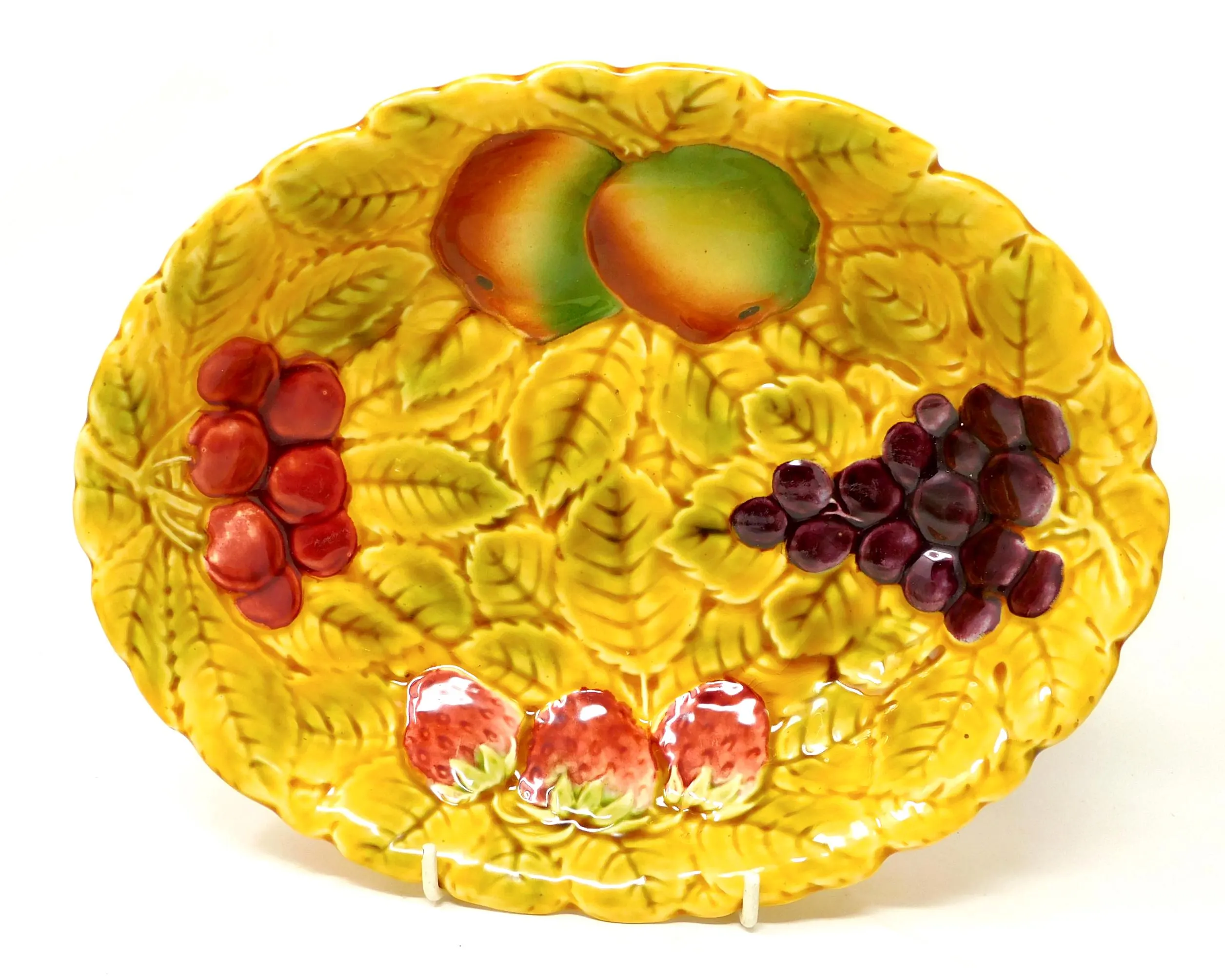 Vintage French Sarreguemines Majolica Serving Bowl, Grape Vine Leaf Pattern, Yellow Ceramic Fruit Dish