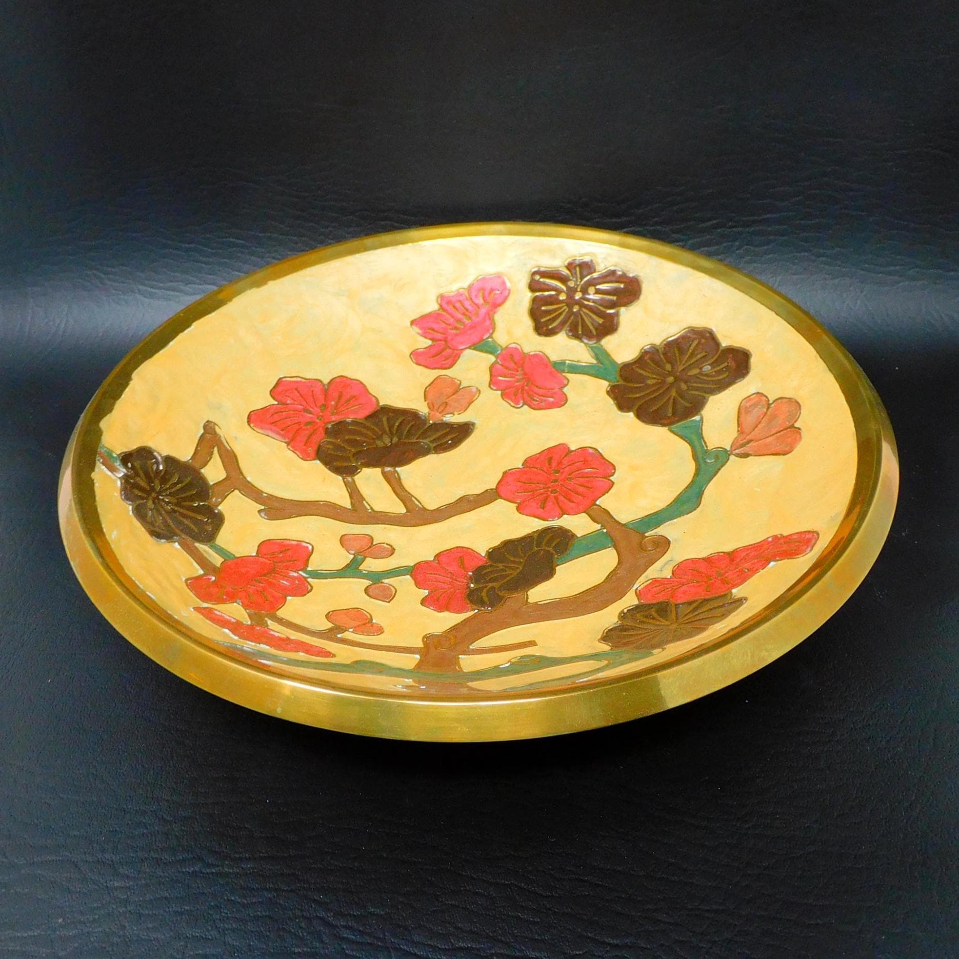 Vintage Hand-Enamelled Brass Floral Bowl, Decorative Lotus Design, 10" Diameter, Mid-Century Enamelware - image 5
