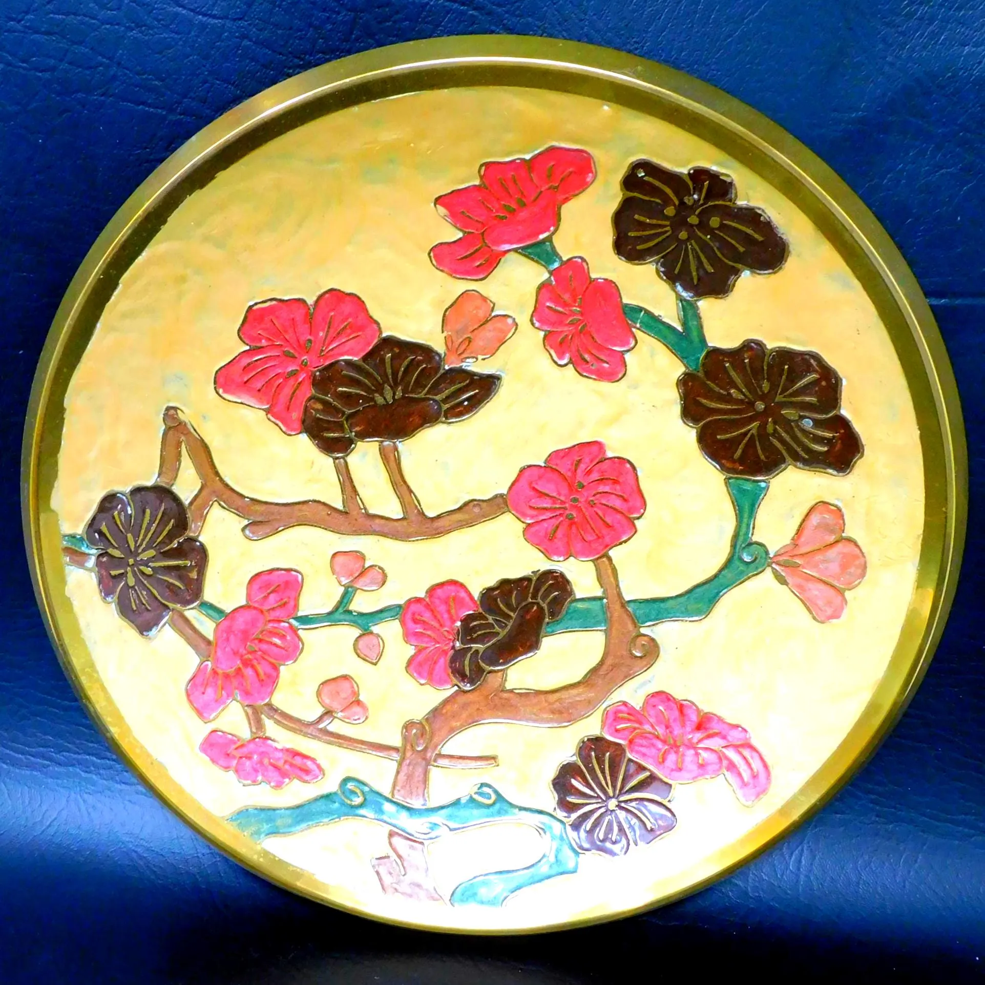 Vintage Hand-Enamelled Brass Floral Bowl, Decorative Lotus Design, 10" Diameter, Mid-Century Enamelware