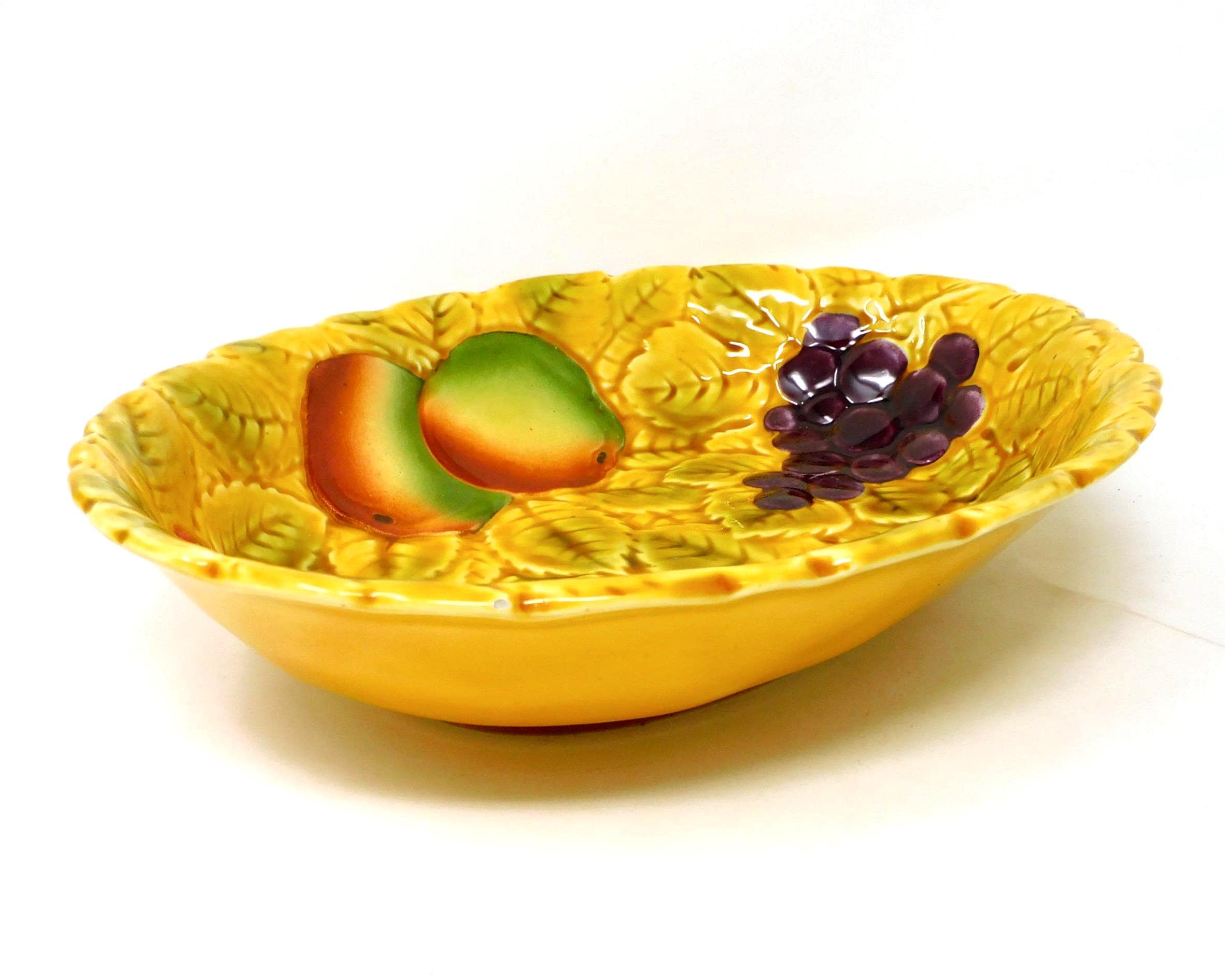 Vintage French Sarreguemines Majolica Serving Bowl, Grape Vine Leaf Pattern, Yellow Ceramic Fruit Dish - image 5