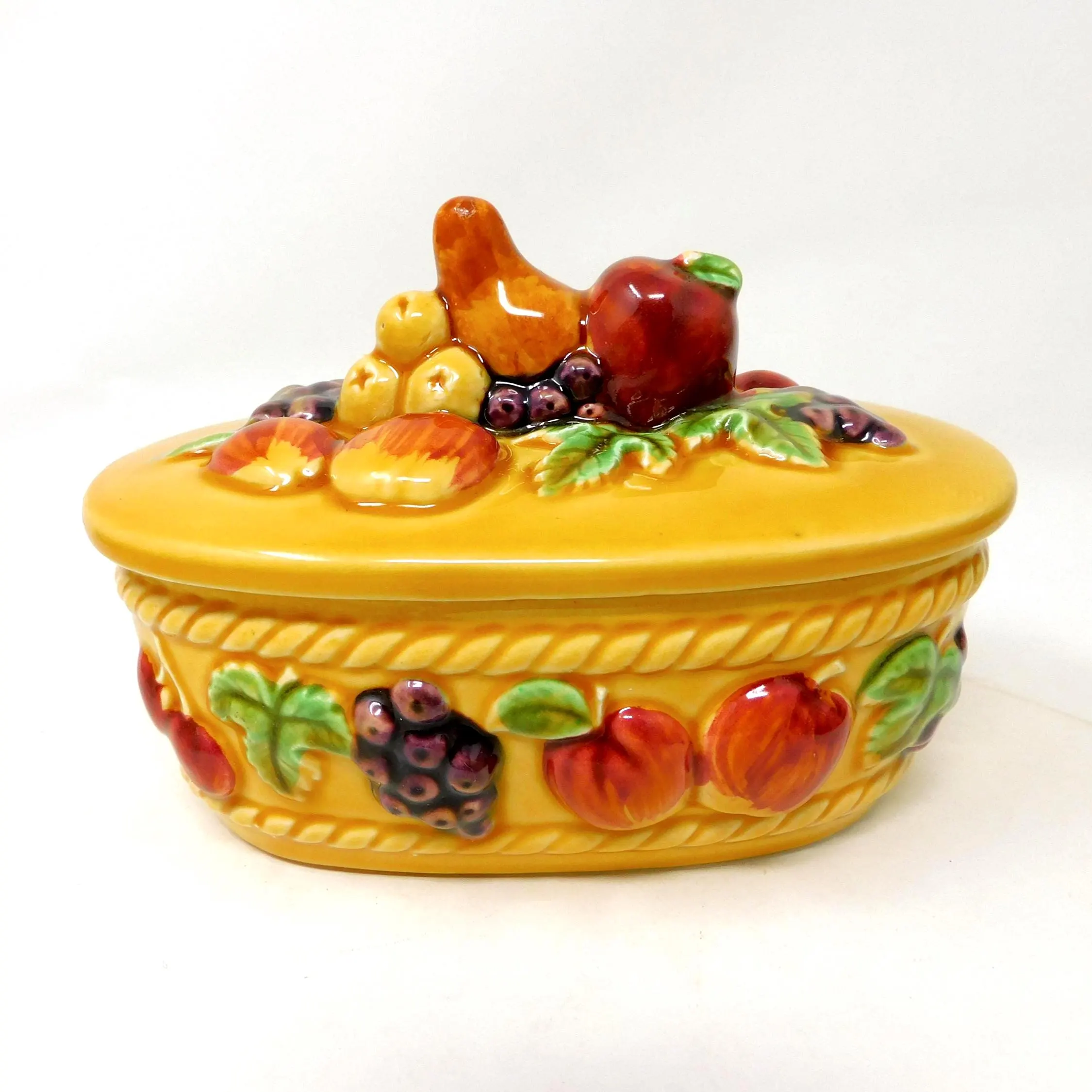 French Sarreguemines Majolica Lidded Dish Fruit Decor Covered Box Yellow Ceramic Trinket Bonbon Dish