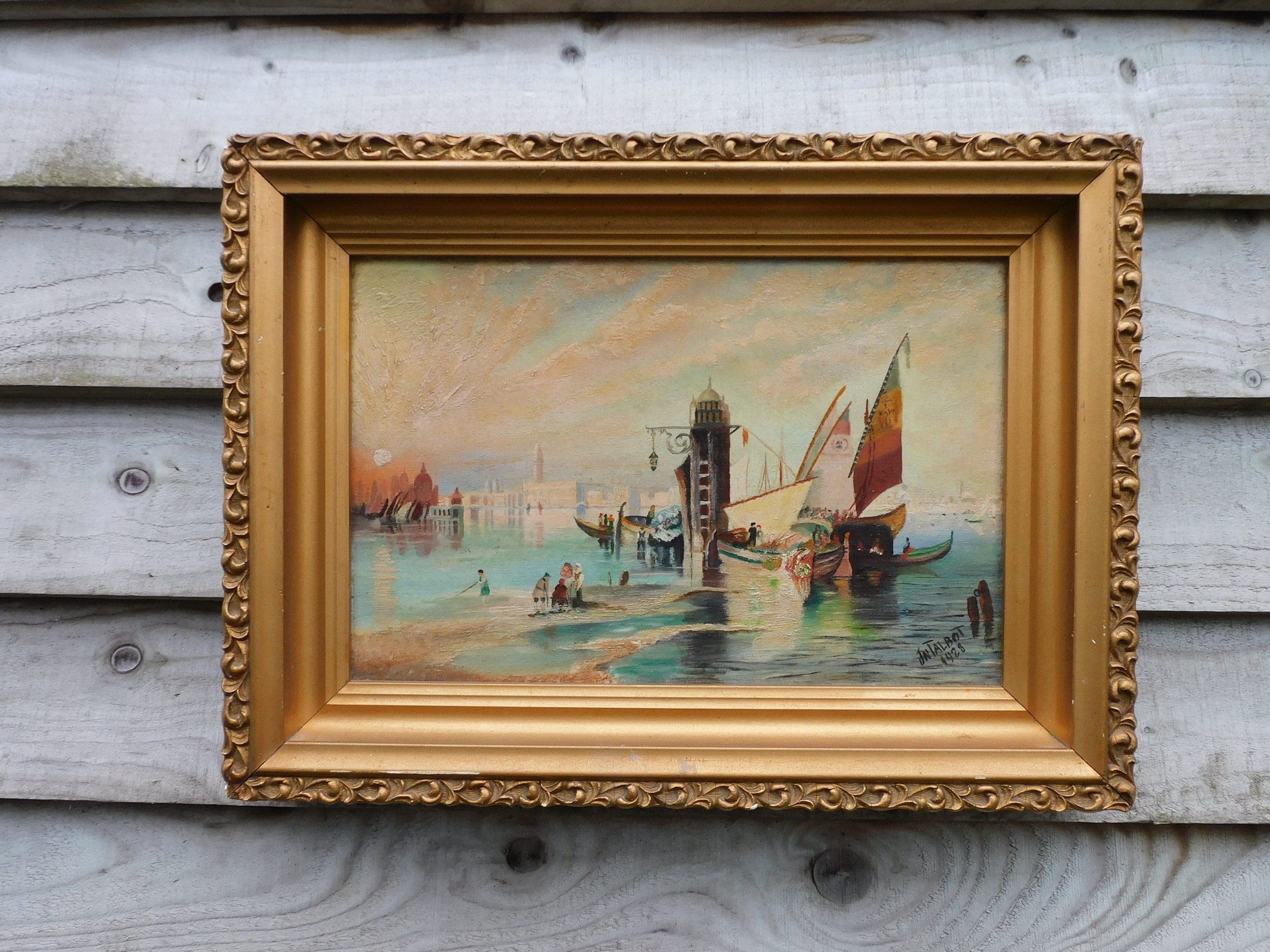 Original Oil Painting Venetian Lake Scene , 1928 signed by artist