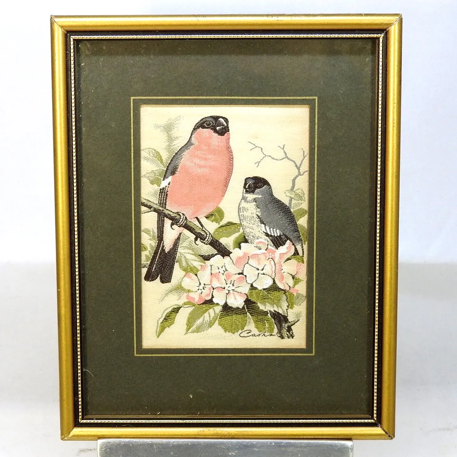 Vintage Woven silk picture of Bullfinch on a branch by cash ltd - Bullfinch