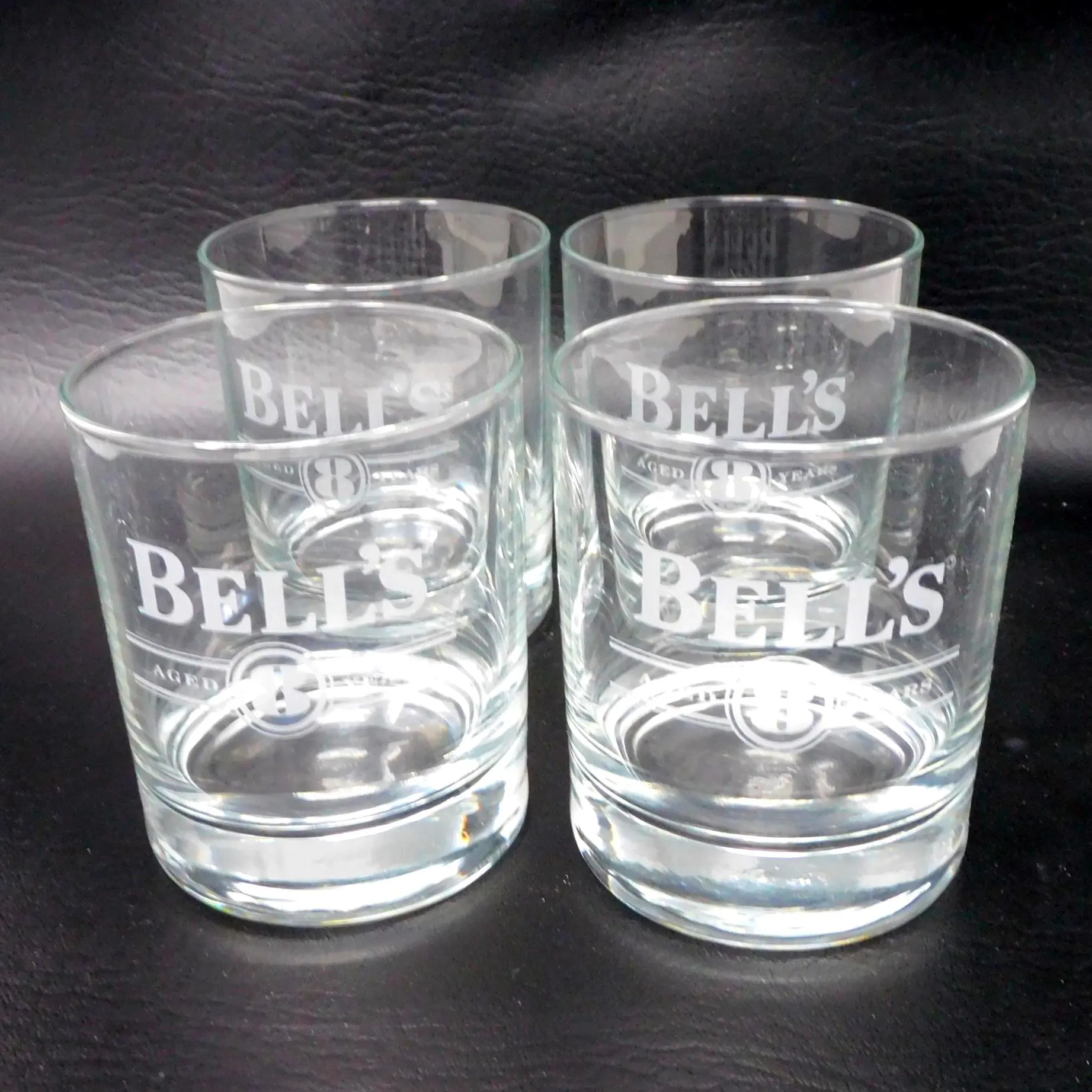 Set of 4 Vintage Bell's Scotch Whisky Tumblers | Bell's Aged 8 Years Whisky Glasses | Retro Barware Pub Memorabilia